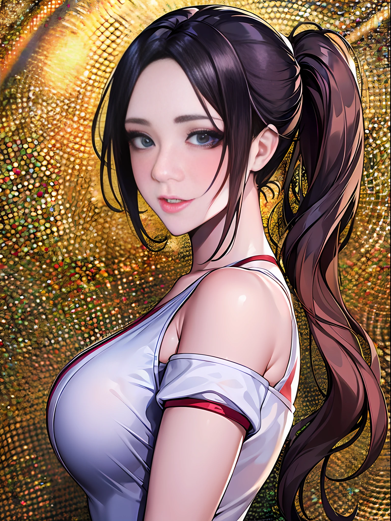 realista, 1girl, long_ponytail, lips parted, blush, maquiagem, sorriso leve, roupas ommyou, brilho, coxas, olho roxo, ombros nus, fcollarbone, cintura estreita, raio de sol, luz solar, rosa, vento, clivagem, (obra-prima), big_ass, deusa amaterasu