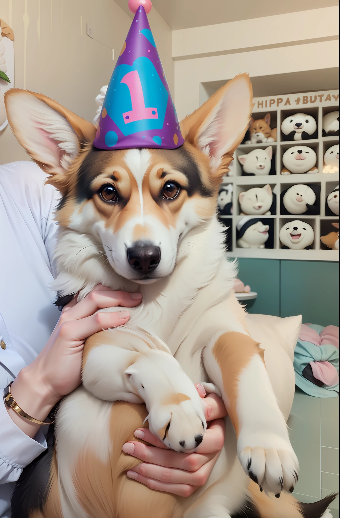 4K,realisticlying,Very meticulous,A corgi dog,Wearing a birthday hat,Disney style
