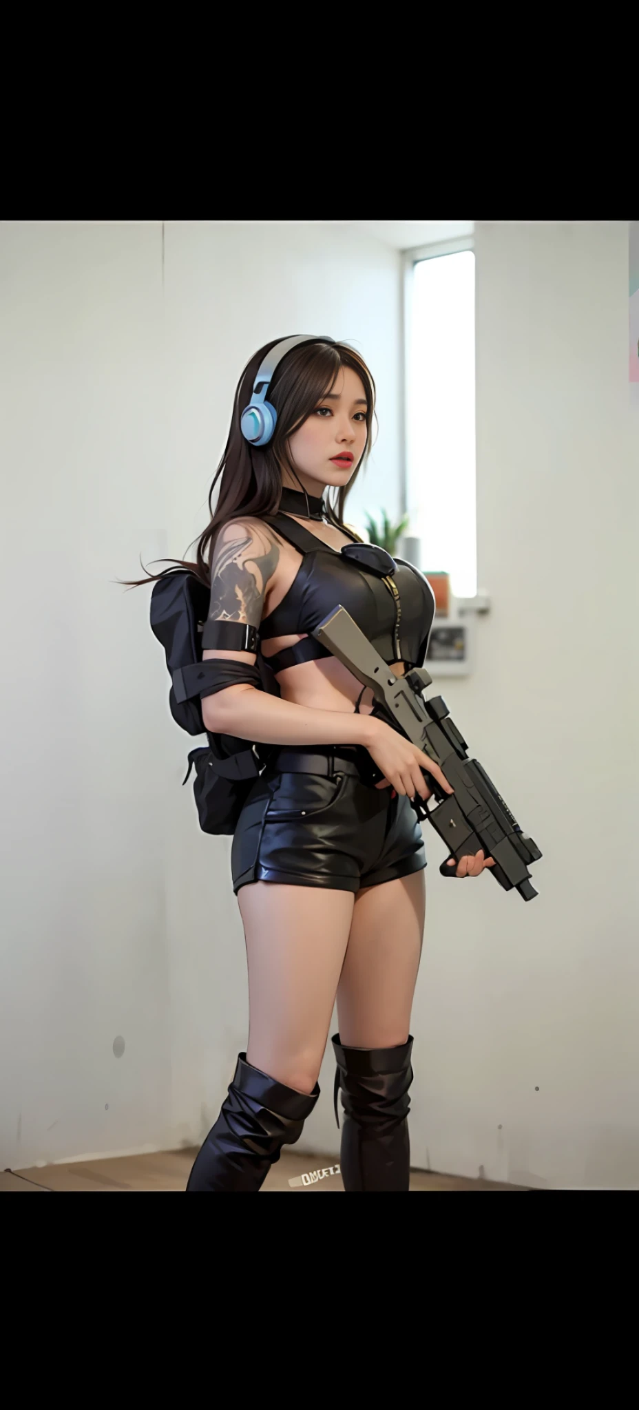 arafed woman in black leather shorts and thigh high boots holding a gun, with rifle, m4 sopmod ii girls frontline, with pistol, wearing techwear and armor, cyberpunk angry gorgeous goddess, Cyberpunk 2 0 y. o model girl, Korean girl, mechanized soldier girl, cyberpunkoutfit, thicc, cyber punk Girl, photograph of a techwear woman