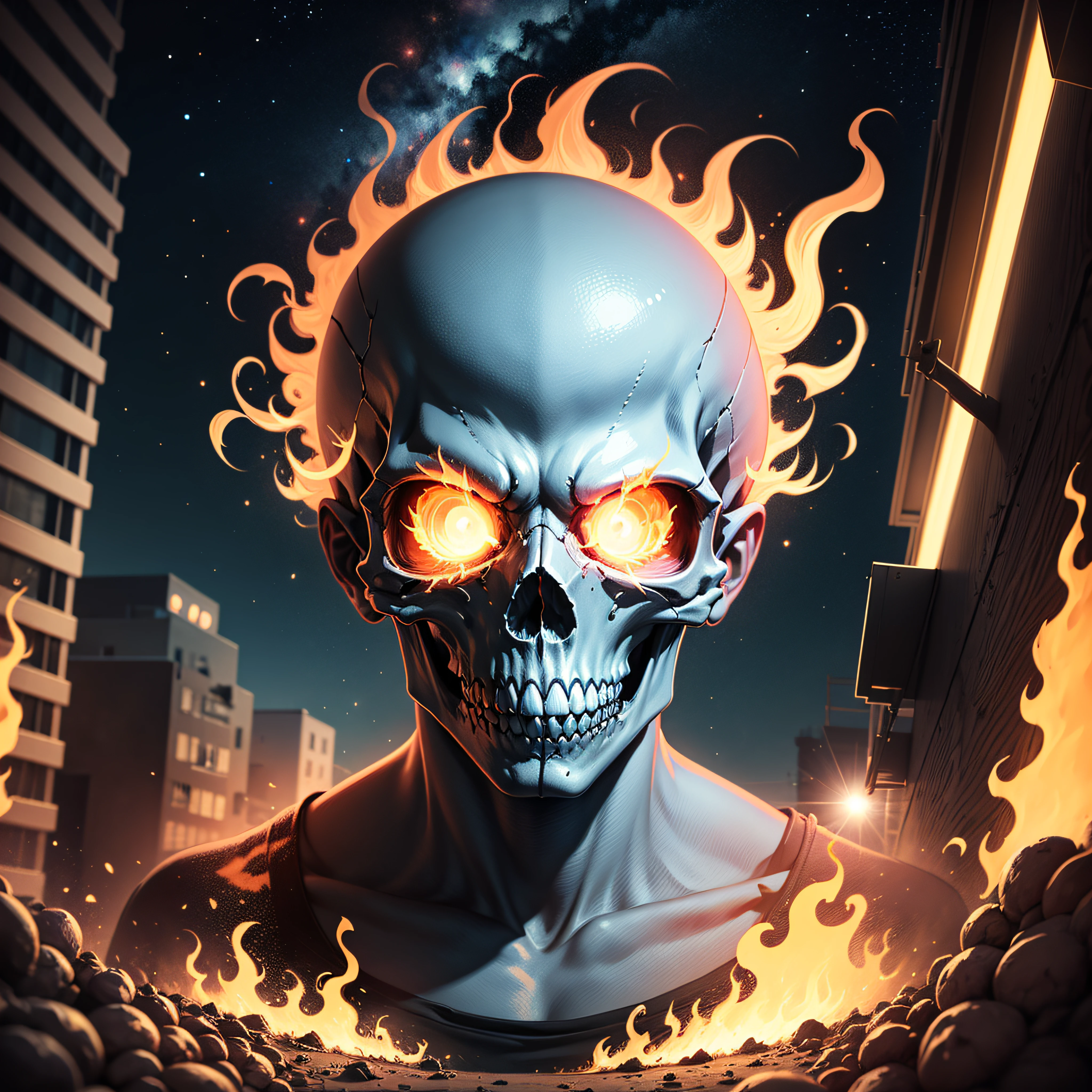 2d graffiti style drawing of a skull with eyes of fire in a starry night, 2d t-shirt design in street graffiti style --auto