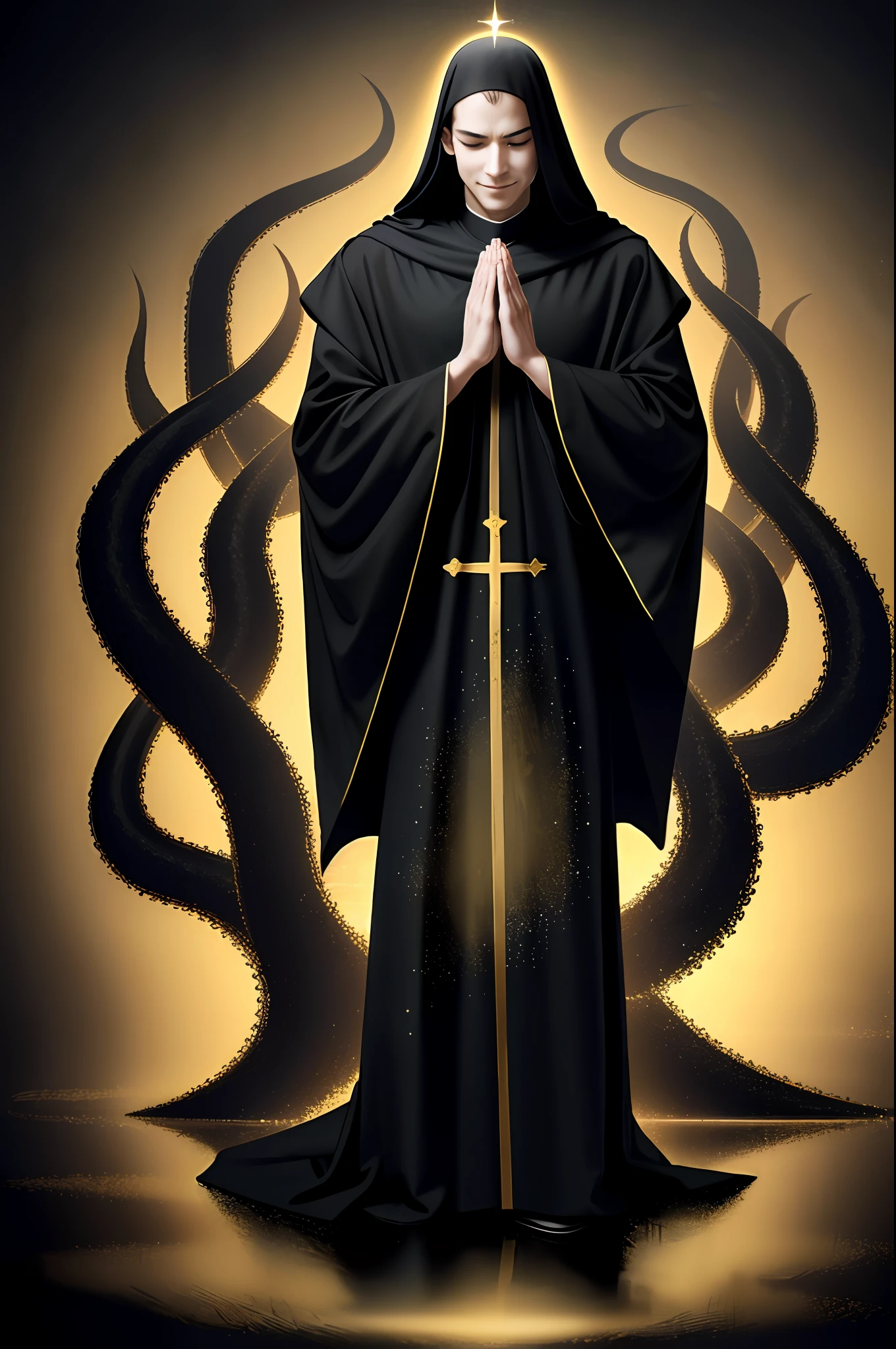 Tall and slim priest, black cassock down to his feet, black shoes, praying with palms together, eyes closed, sinister smile, black hair combed back, pale white skin, black background with fog, tentacles coming out from behind the figure, dark magenta tentacles, shiny golden halo,