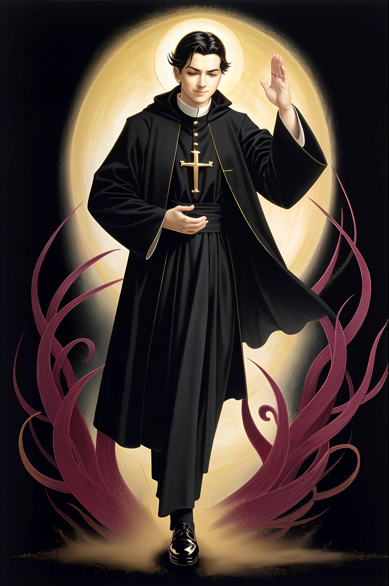 Tall and slim priest, black cassock down to his feet, black shoes, praying with palms together, eyes closed, sinister smile, black hair combed back, pale white skin, black background with fog, tentacles coming out from behind the figure, dark magenta tentacles, shiny golden halo,