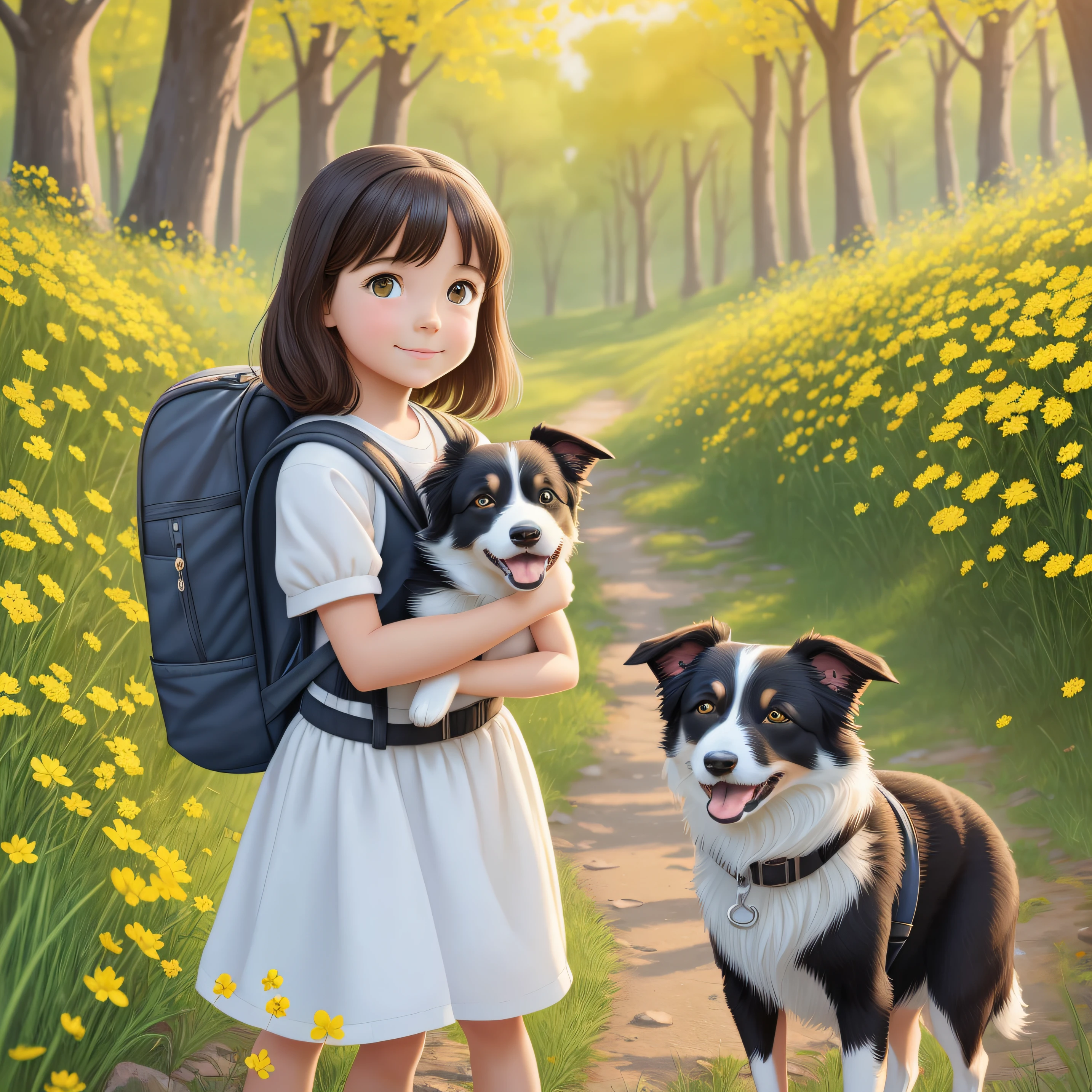 An incredibly charming little two blond girls with blue eyes carrying a backpack, accompanied by they adorable two puppys, enjoying a lovely spring outing surrounded by beautiful yellow flowers and natural scenery. The illustration is in high definition at 4k resolution, with highly-detailed facial features and cartoon-style visuals.