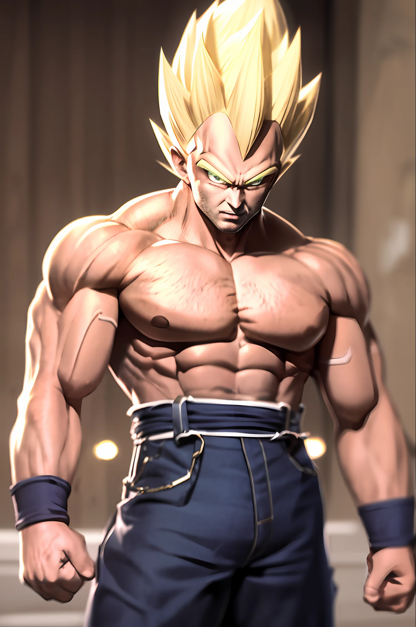 obra-prima, (fotorrealista: 1.5), melhor qualidade, beautiful  lighting, vida real, vegeta, 1boy, nome do artista, biceps, cabelo loiro, clenched hands, boca fechada, fcollarbone, dougi , eletricidade, energia, rocha flutuante, carranca, olhos verdes, olhando para o espectador, foco masculino, musculoso, macho musculoso, peitorais, costelas, rocha, faixa, Scratches, graves, solo, cabelo espetado, super saiyan, super saiyan 1, roupas rasgadas, pulseira, ((obra-prima))