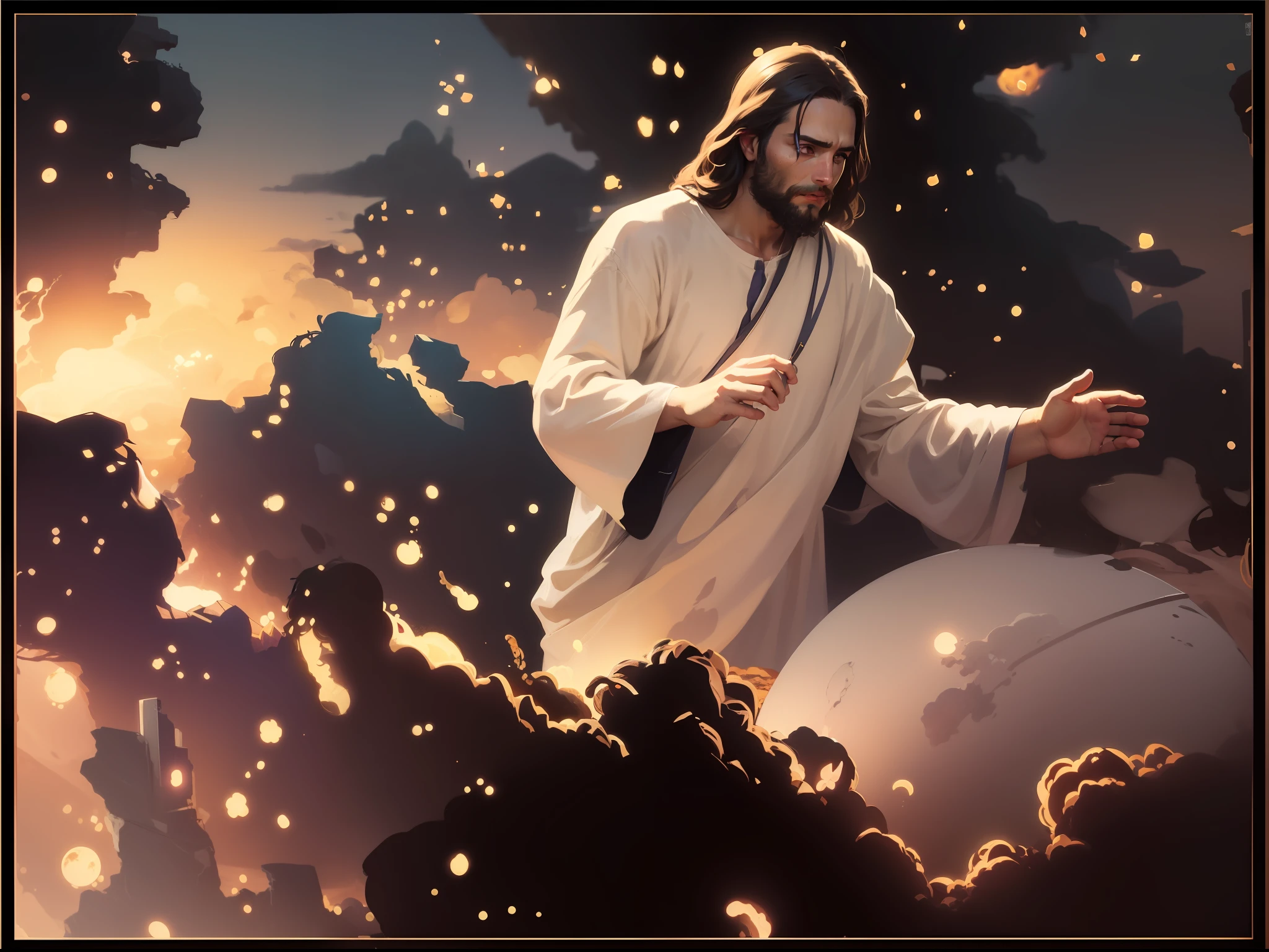 Jesus with calm and kind expression, arte conceitual de Jesus Cristo, Personagem de corpo inteiro, arte conceitual do personagem, Jesus Cristo vestindo roupas celestiais brancas com pedras de safira, Deus vestindo traje espacial branco com pedras de safira e capa branca longa He is shrouded in mists, Jesus Cristo como rei do universo, cosmos refletindo em sua coroa, Jesus como Deus, Jesus creating the earth around cosmic clouds (nebulosas de diversas cores) Belo planeta, Planet Earth in perfect condition, Cosmos, Color palette of the nabulosa and the scenery: azul, amarelo, purple, vermelho, toneladas cianos, tons amarelos, tons de azul, Tons vermelhos, tons vermelhos