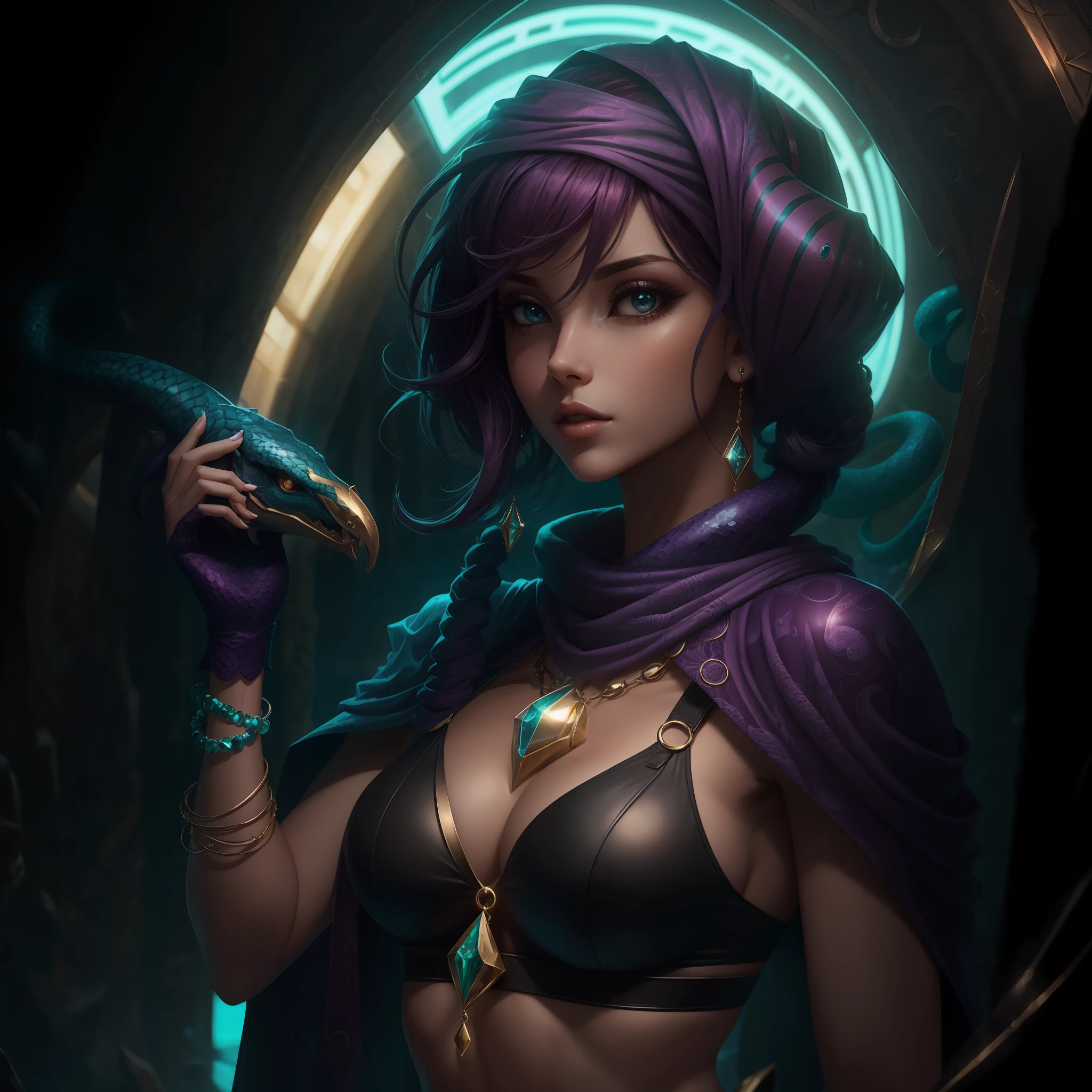 Mulher com cabelo preto, com cobras e lagartos saindo da boca, imagem futurista, realista, detalhada, 8 k --auto