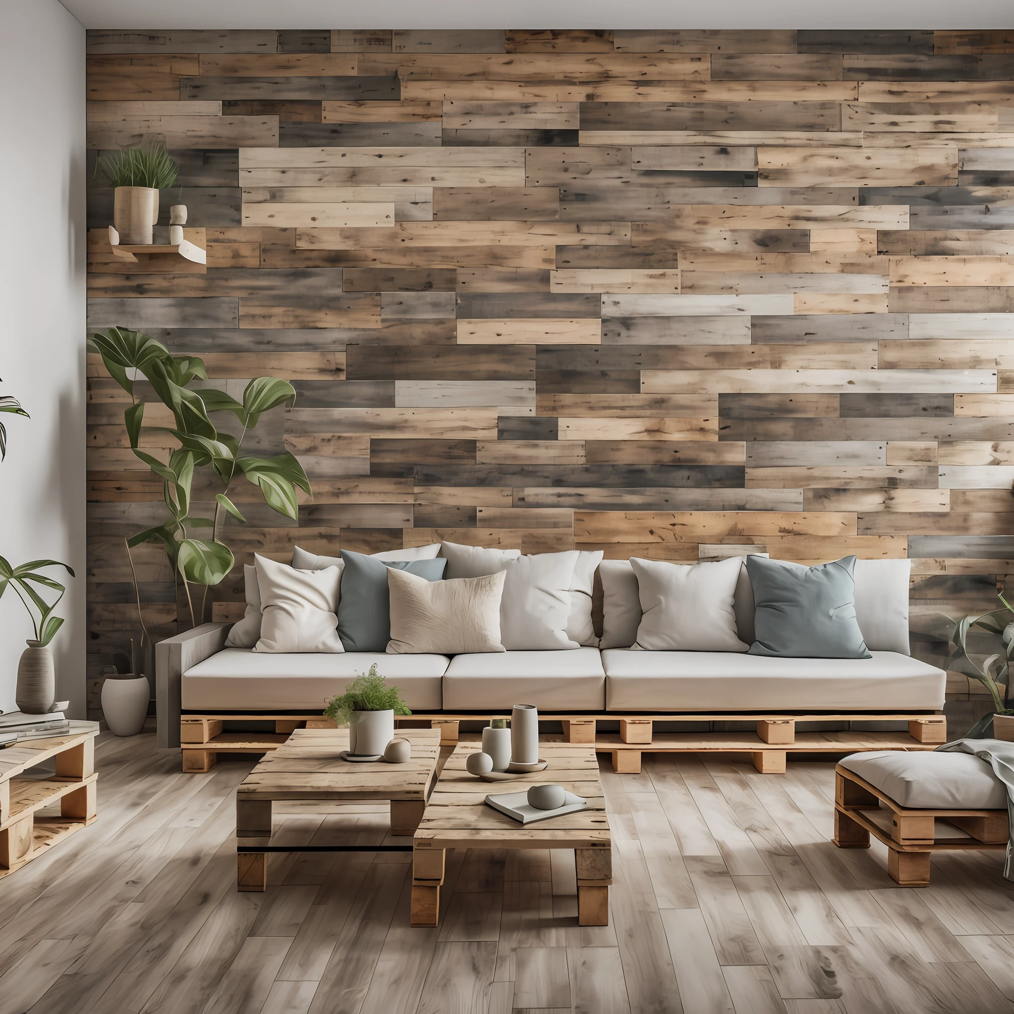 Sala de estar realista, imagem real com armonia de fotografia moderna, rustic sofas with pallets, tapete e plantas penduradas, parede branca e lisa ao fundo. 50mm full frame, 8k