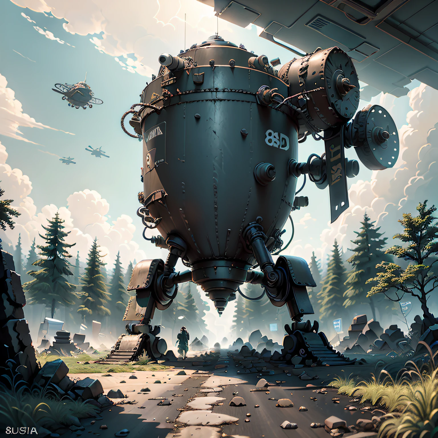 Spacecraft flies over a road in a dark, green forest on the road floor of red flowers Next to a wall of ancient stones yellowed by time The astronaut looks at the long-abandoned road. The day is sunny, imagem hiperrealista, well-defined spacecraft, Accessories, metal, surface, janelas, e detalhes bem definidos, in the background a blue sky with white clouds in 3D, tudo em 8k, High quality image resolution, Hyperrealism in fiction illustration, pintura fosca digital --auto