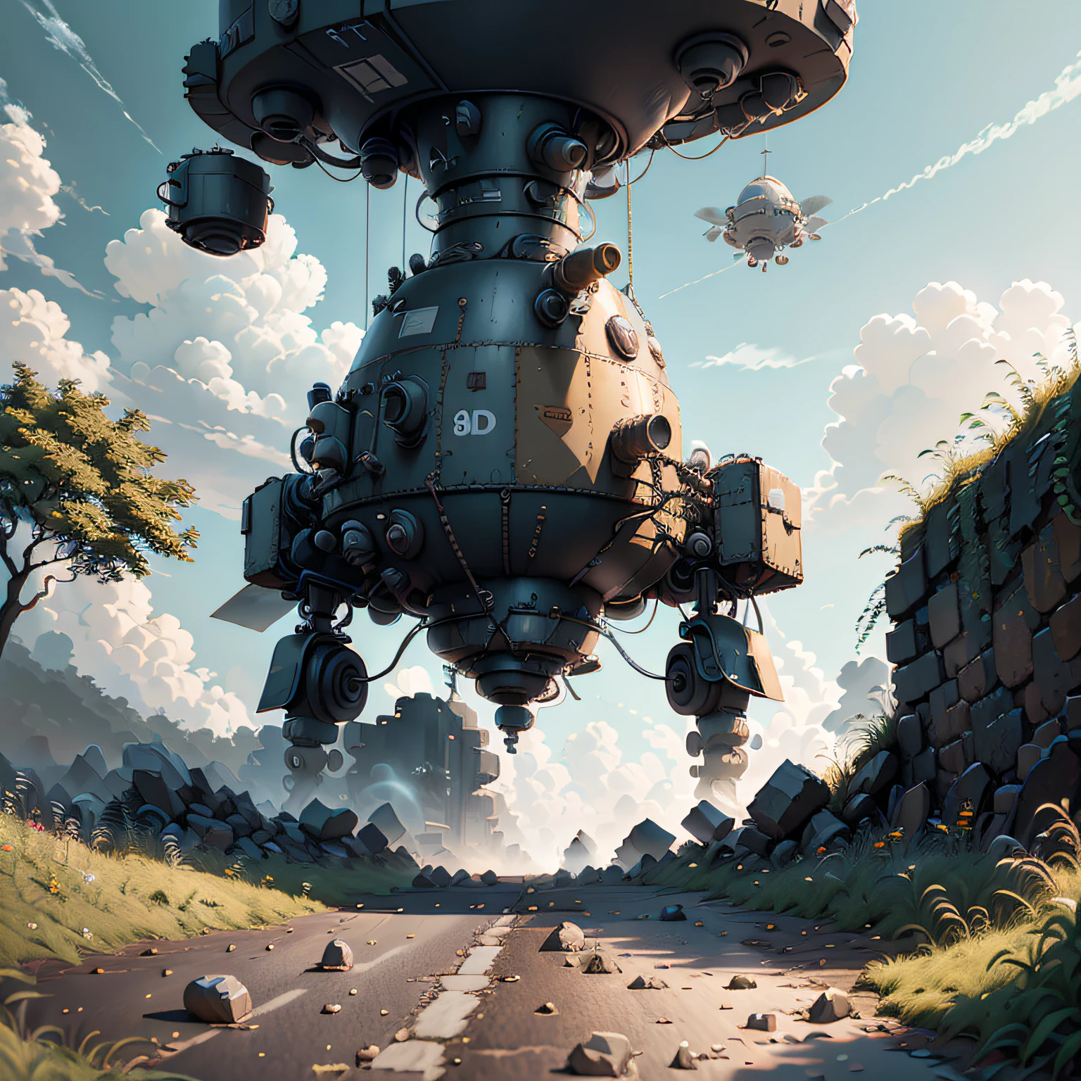 Spacecraft flies over a road in a dark, green forest on the road floor of red flowers Next to a wall of ancient stones yellowed by time The astronaut looks at the long-abandoned road. The day is sunny, imagem hiperrealista, well-defined spacecraft, Accessories, metal, surface, janelas, e detalhes bem definidos, in the background a blue sky with white clouds in 3D, tudo em 8k, High quality image resolution, Hyperrealism in fiction illustration, pintura fosca digital --auto