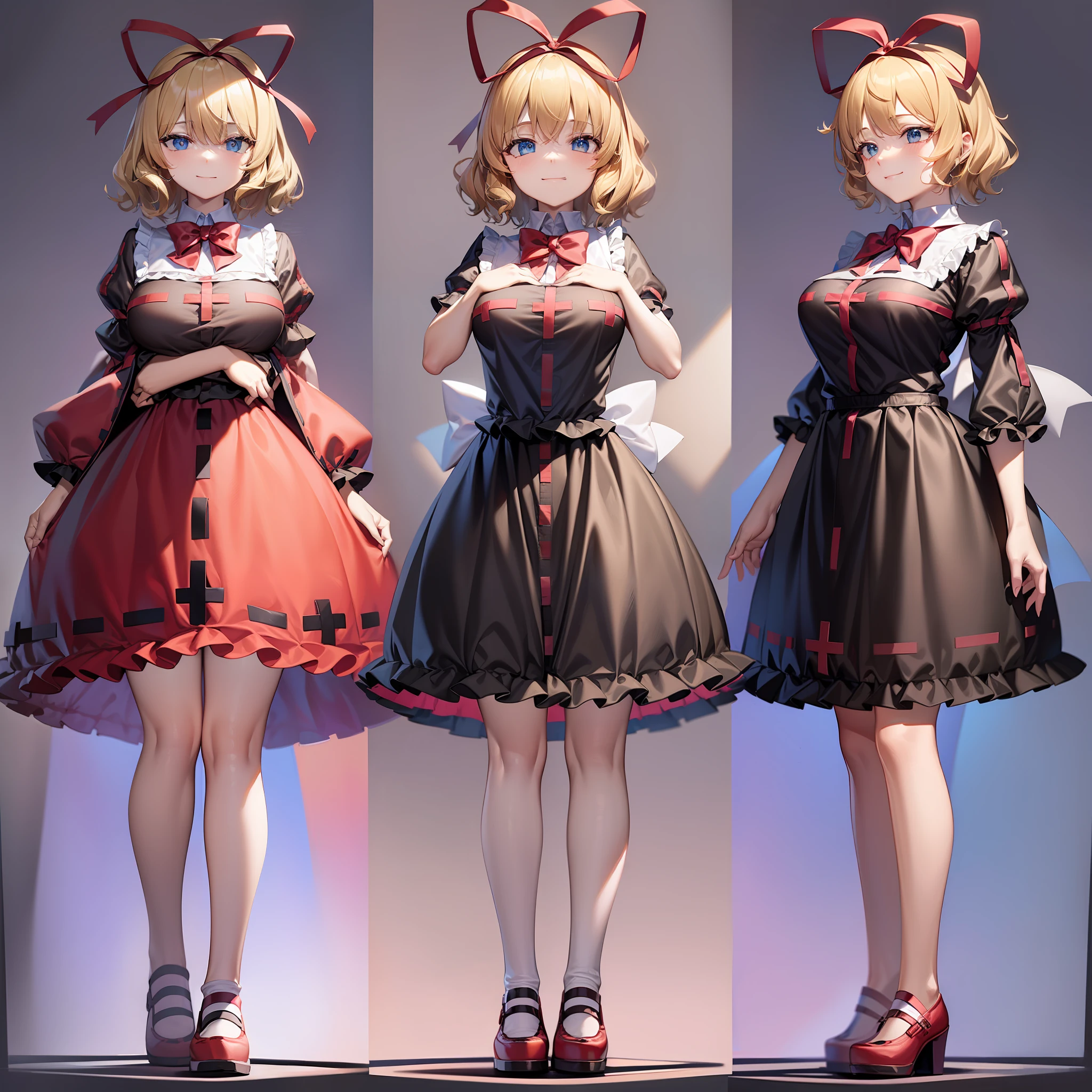 Medicine Melancholy, blonde hair, short hair, wavy hair, semi-curly hair, blue eyes, large breasts, black shirt, red skirt, ((reference sheet)), ((white background)), ((multiple views of the same character)), ((character: Medicine Melancholy)), smile, red ribbon, red bow, filled shirt collar, puffy sleeves, frilled shirt, frilled skirt, ((various poses:1.2)),