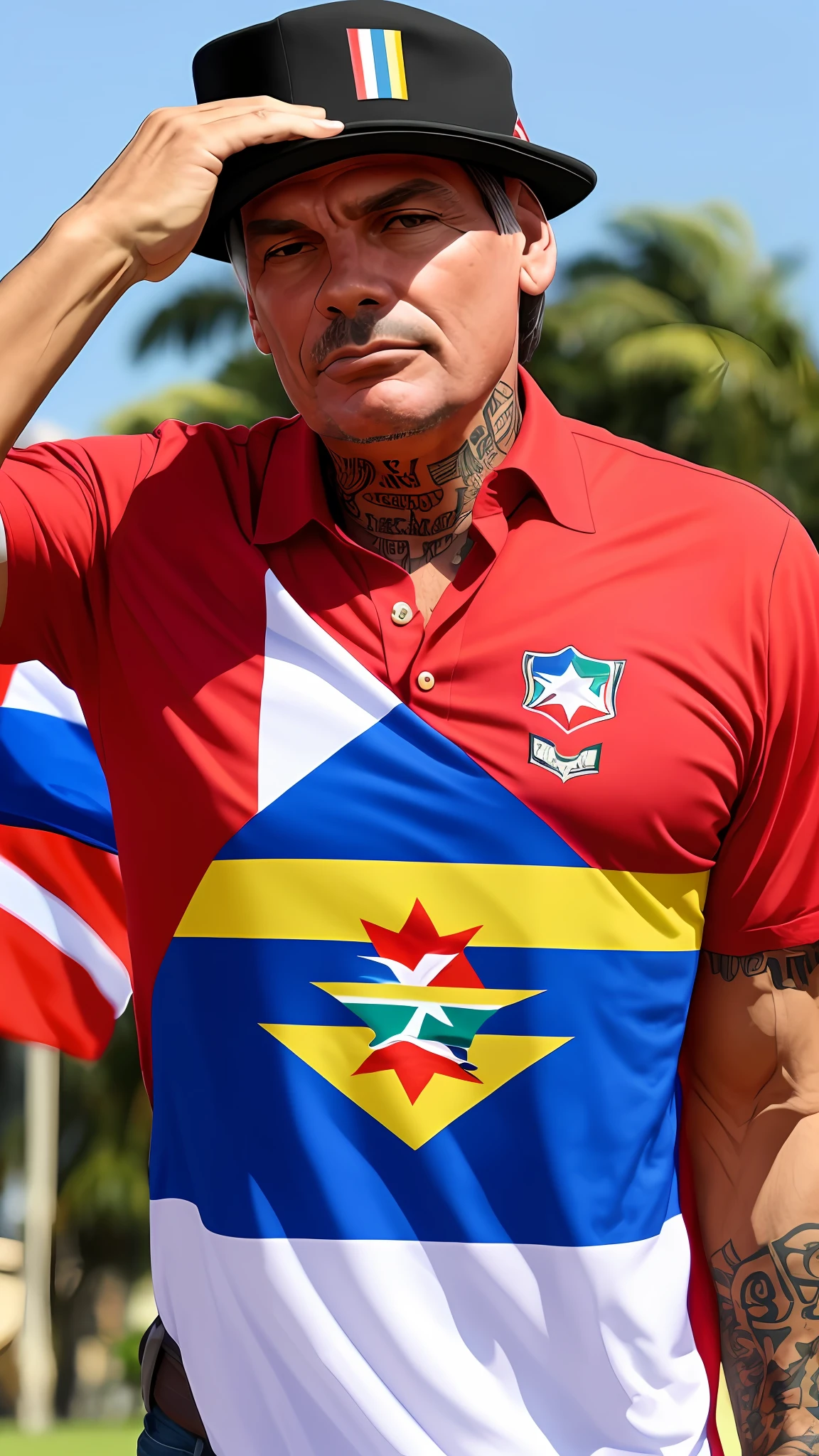 Bolsonaro, camisa vermelha do partido dos trabalhadores, hat with flag of cuba, tchê guevara tattoo, segurando a bandeira do MST.
