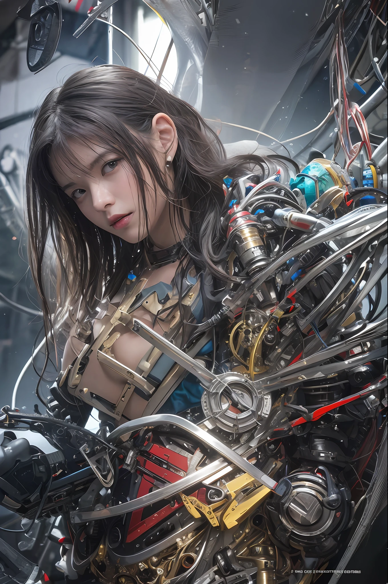 Top Quality, Masterpiece, Ultra High Resolution, (Photorealistic: 1.4), Raw Photo, 1 Asian Girl, Black Hair, Glossy Skin, 1 Mechanical Girl, (Ultra Realistic Detail)), Portrait, Global Illumination, Shadows, Contrast, Octane Rendering, 8K, Ultra Sharp, Big, Cleavage Exposed Raw Skin, Metal, Intricate Ornament Details, Very intricate details, realistic light, CGSoation trend, facing the camera, neon details, mechanical limbs, blood vessels connected to the tube, mechanical vertebrae attached to the back, mechanical cervical attachment to the neck, sitting, wires and cables connecting to the head, gundam, small LED lamps.