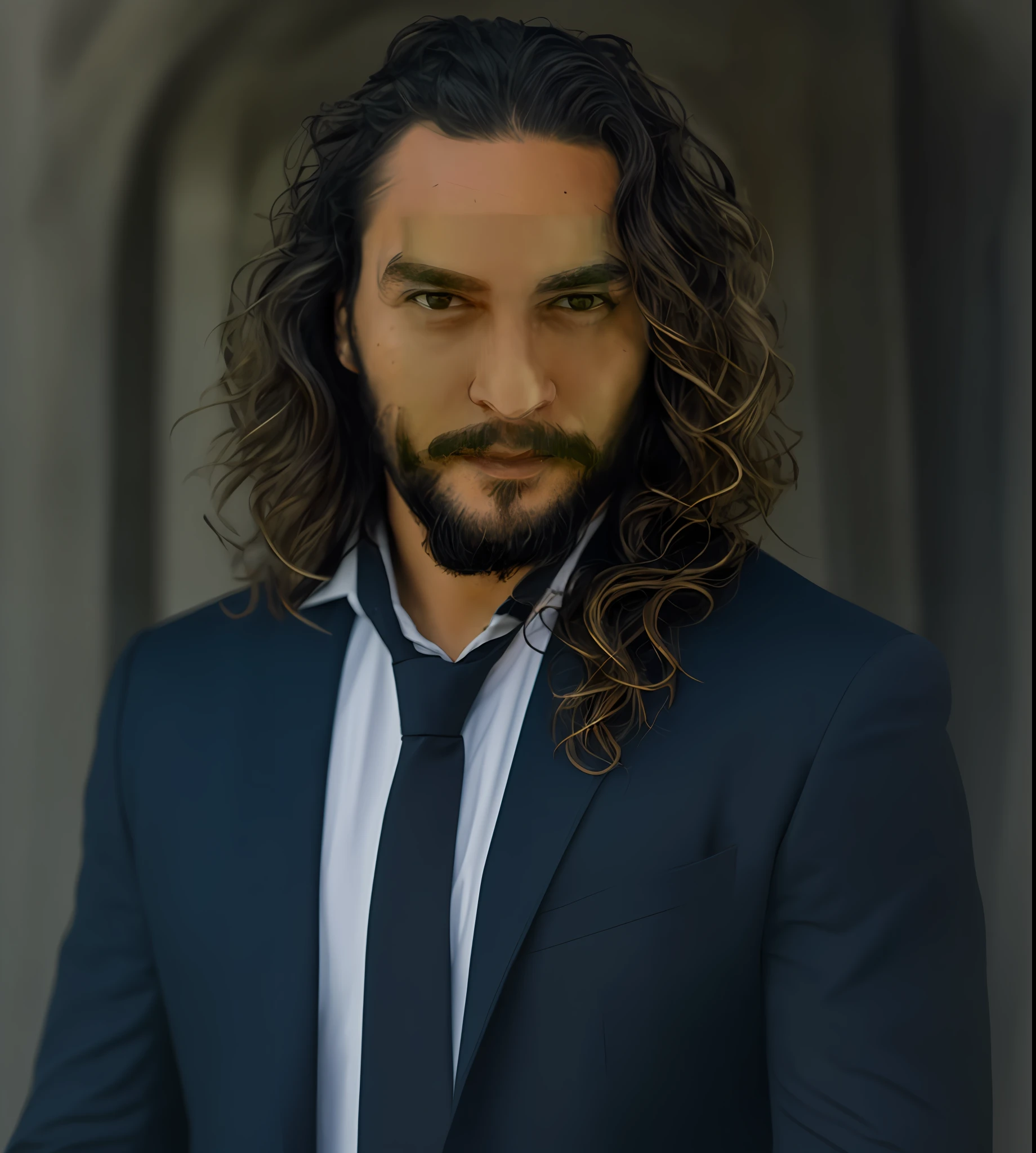 create with my face a realistic image of a rich man, with jason momoa's hair, in a suit, in santorini, greece