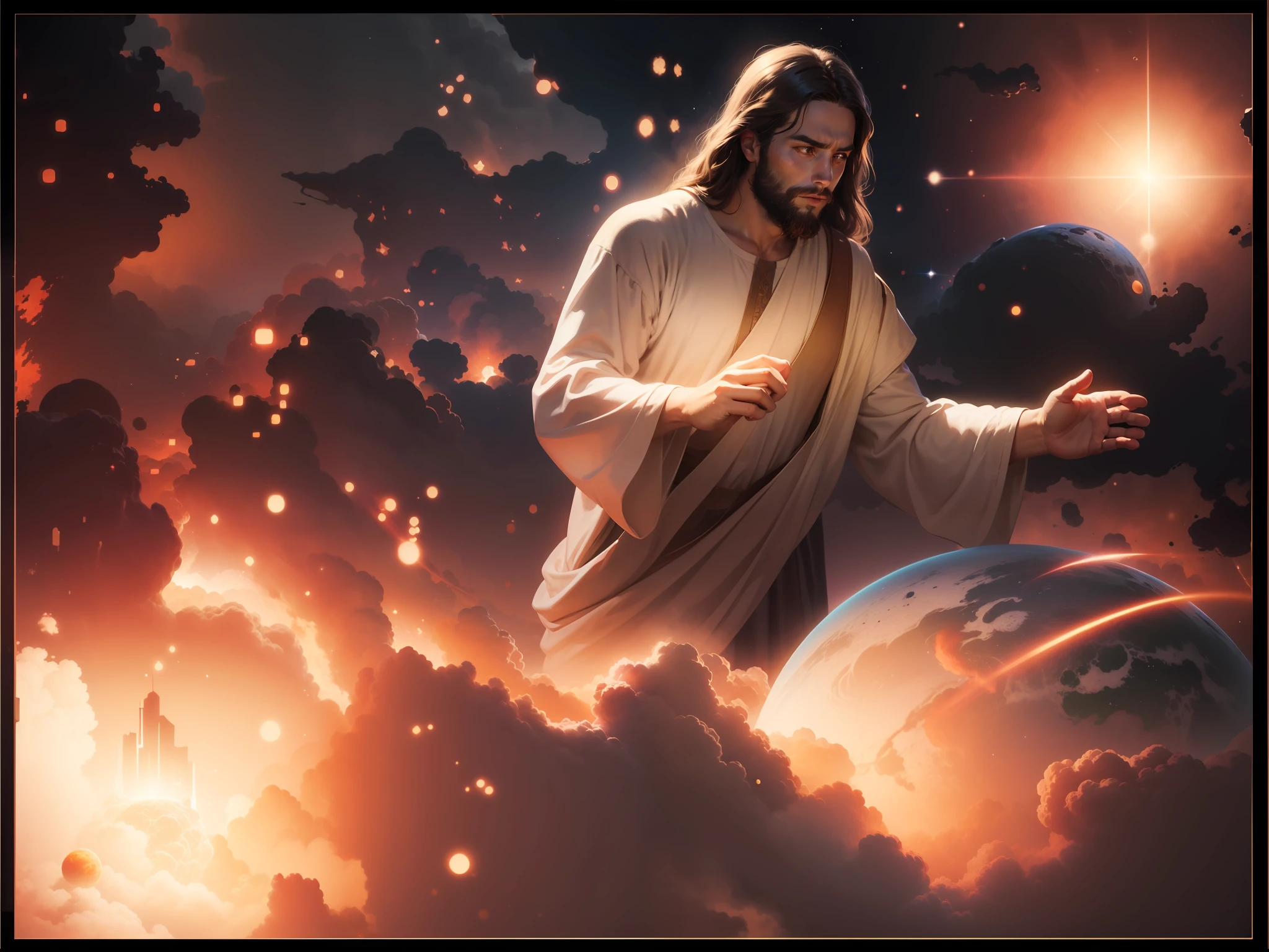 Jesus, God, surrounded by nebulae creating planet Earth, cosmos, 4K, 8K, concept art, art,