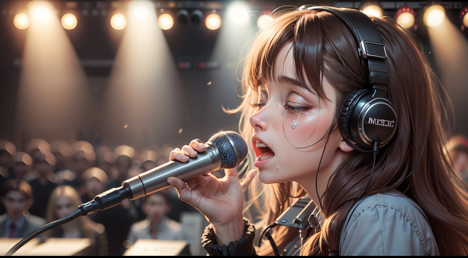 singer crying before entering the music stage, show musical, microphone in hand