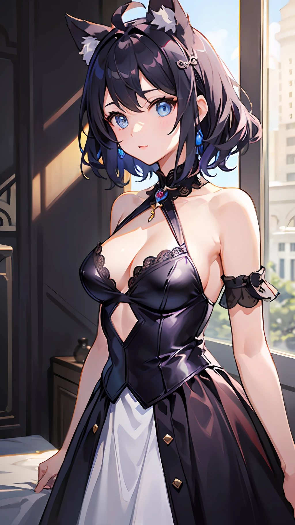 ((最好质量))、((巨作))、((ultra-definition))、(illutst)、(Fine light)、(Extremely delicate and beautiful)、(((独奏)))、a 1 girl、(((a beautifulchi girl) )))、((Best Quality, High_resolution, Distinct_image)),(Black hair), (Black cat ears), (Ahoge), (absurdly short hair), (Wavy hair), (Blue Eyes),Fashionable background、weddingdress、body complet、