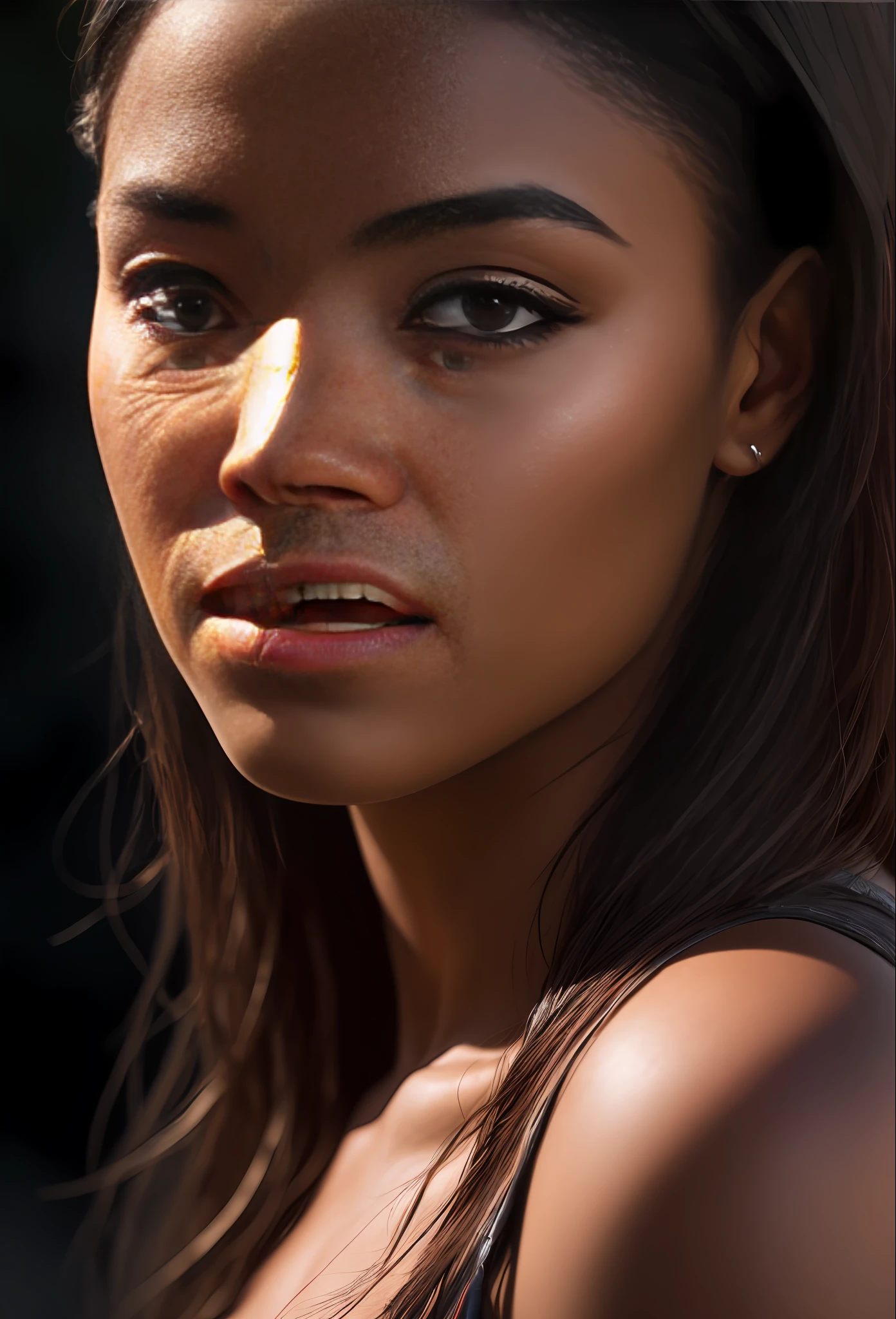 a black woman photorealistic, photography, masterpiece, realistic, realism, photorealism, high contrast, photorealistic Artstation 8k HD digital art trend of high definition and detailed realistic skin texture, ultra detail, realistic skin texture, armature, best quality, ultra high definition, (photorealistic:1.4),, high resolution, detail, raw photo, Re sharp, by Lee Jefferies Nikon D850 Film Stock Photo 4 Kodak Portra 400 Camera F1.6 Lens Rich Color Ultra Real Realistic Realistic Textures Dramatic Lighting Unreal Engine Trending at Art Station Cinestill 800,