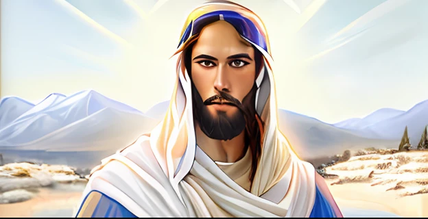 Man with beard and white shawl on his head, Jesus Christ, dressed as Jesus Christ, Jesus of Nazareth, face of Jesus, Greg Olsen, Jesus, Nicodemus, portrait of Jesus Christ, Lord and Savior, He is greeting you warmly.