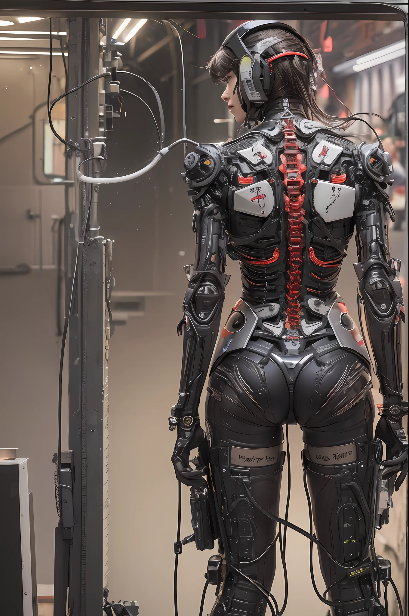 Top Quality, Masterpiece, Ultra High Resolution, (Photorealistic: 1.4), Raw Photo, 1 cyberpunk Girl, Black Hair, Glossy Skin, 1 Mechanical Girl, (Ultra Realistic Detail)), Full body, standing pose, Contrast, Shadows, Octane Rendering, 8K, Ultra Sharp, Cleavage Exposed, Raw Skin, Metal, Intricate Ornament Details, Japan Details, Very intricate details, realistic light, CGSoation trend, facing the camera, neon details, mechanical limbs, blood vessels connected to the tube, mechanical vertebrae attached to the back, mechanical cervical attachment to the neck, wires and cables connecting to the head, gundam, small LED lamps.