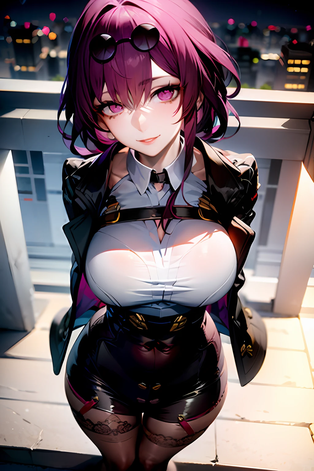 masterpiece, best quality, 1girl, KafkaV4, large breasts, shiny skin, purple hair, shirt, white shirt, jacket, eyewear on head, sunglasses, very long hair, standing, outdoors, night, light city, professional lighting, ((arms behind back)), lace-trimmed legwear, midriff, mature female, closed mouth, smile, ((from above:1.4)), looking at viewer,
