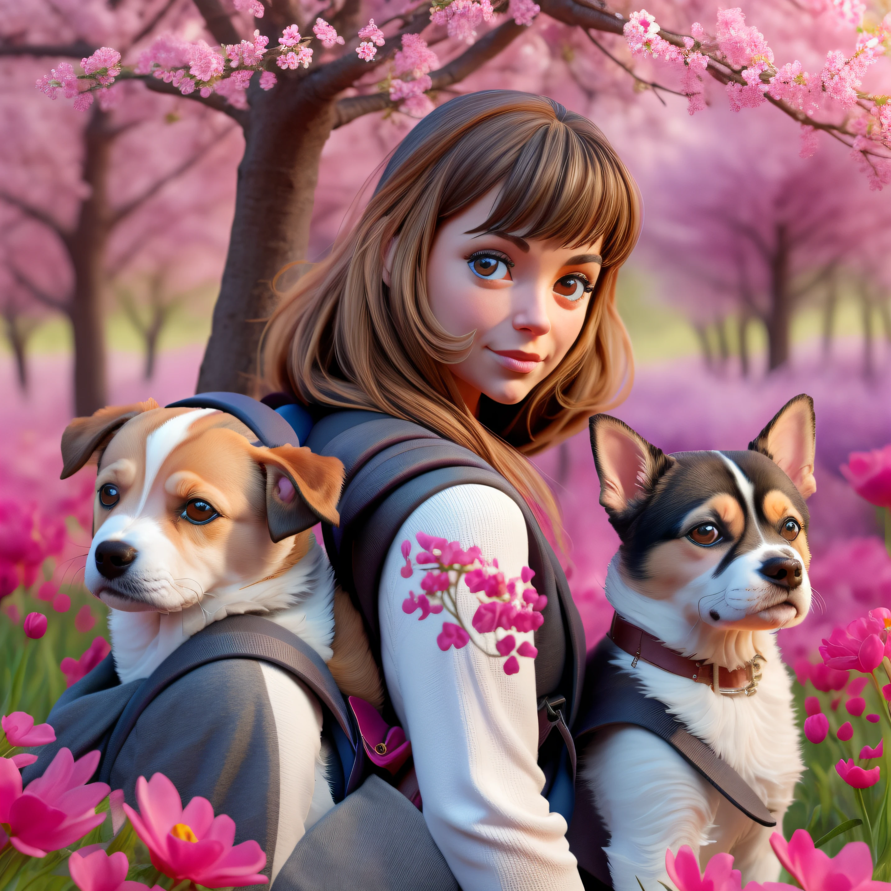 An incredibly charming carrying a backpack, accompanied by her adorable puppy, enjoying a lovely spring outing surrounded by beautiful red flowers and natural scenery. The illustration is in high definition at 4k resolution, with highly-detailed facial features and cartoon-style visuals.