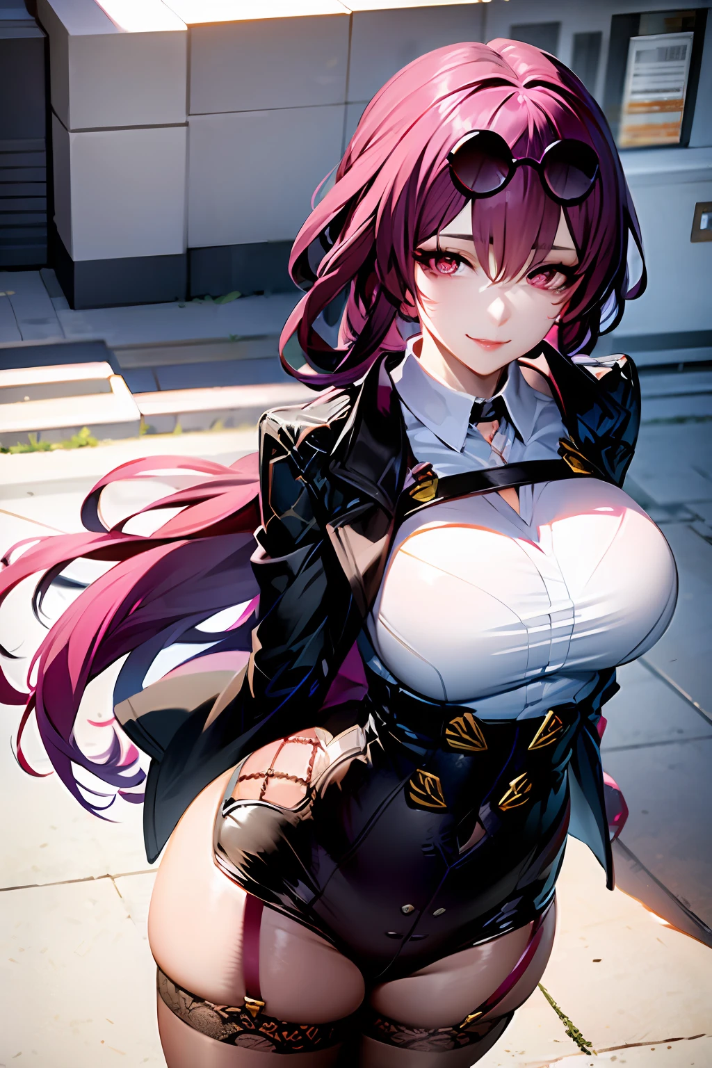 masterpiece, best quality, 1girl, KafkaV4, large breasts, shiny skin, purple hair, shirt, white shirt, jacket, eyewear on head, sunglasses, very long hair, standing, outdoors, night, light city, professional lighting, ((arms behind back)), lace-trimmed legwear, midriff, mature female, closed mouth, smile, ((from above:1.4)), looking at viewer,