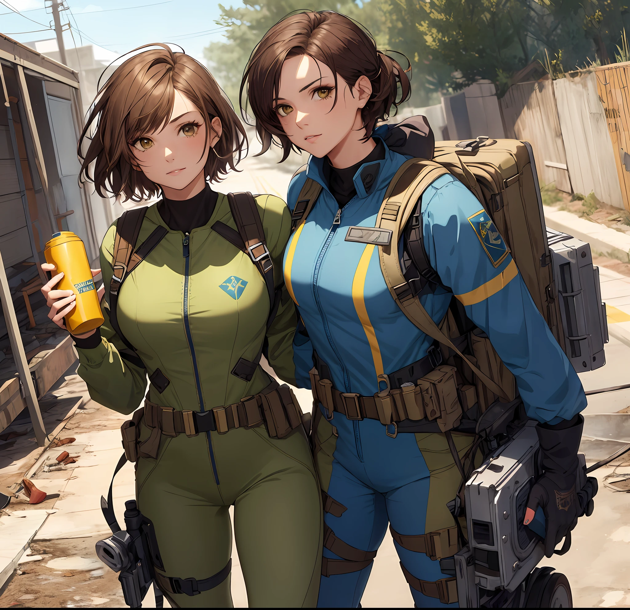 Fallout, a woman with messy brown hair, wearing a skintight vault jumpsuit, and a ragged blue metal gear bandana, brown eyes, blue jumpsuit with yellow stripes, backpack straps, fallout 3, and a woman with messy brown hair, wearing green combat armour, brown eyes, fallout New Vegas, 2girls