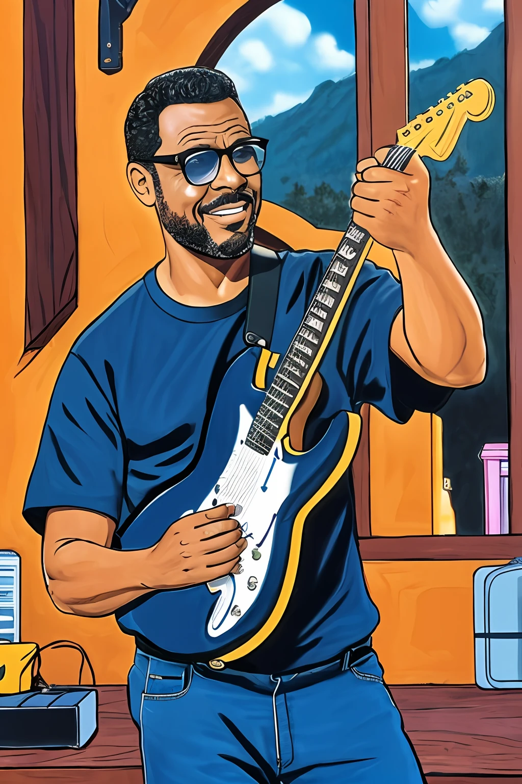 guttonerdvision6, desenho, (melhor qualidade, obra-prima: 1.3), Olhos finamente detalhados e rosto detalhado, detalhes ds pele, tocando guitarra stratocaster, palco, Mature man with glasses, alto, show, stage lighting, detalhes intrincados