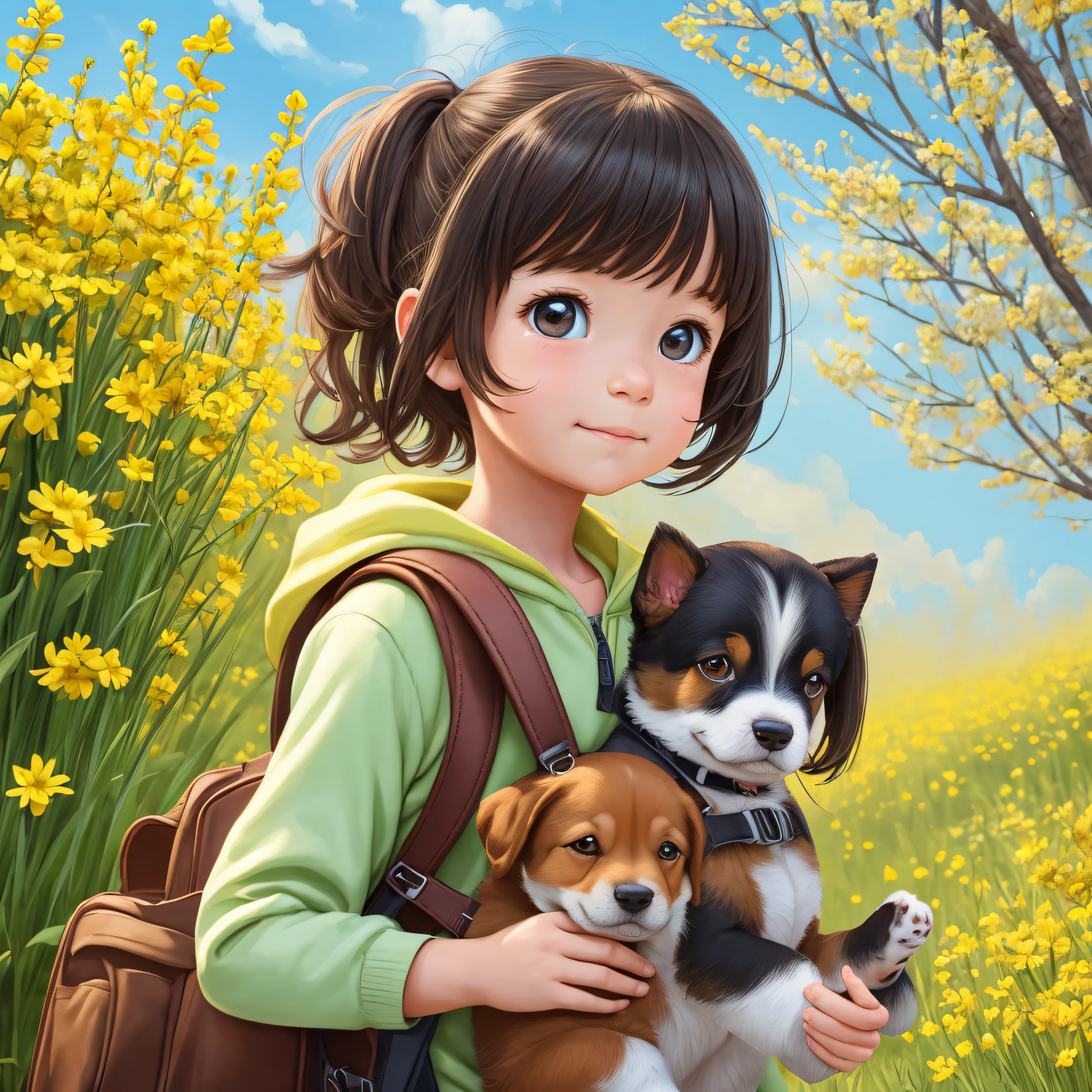 An incredibly charming girl carrying a backpack, accompanied by her adorable puppy, enjoying a lovely spring outing surrounded by beautiful red flowers and natural scenery. The illustration is in high definition at 4k resolution, with highly-detailed facial features and cartoon-style visuals.