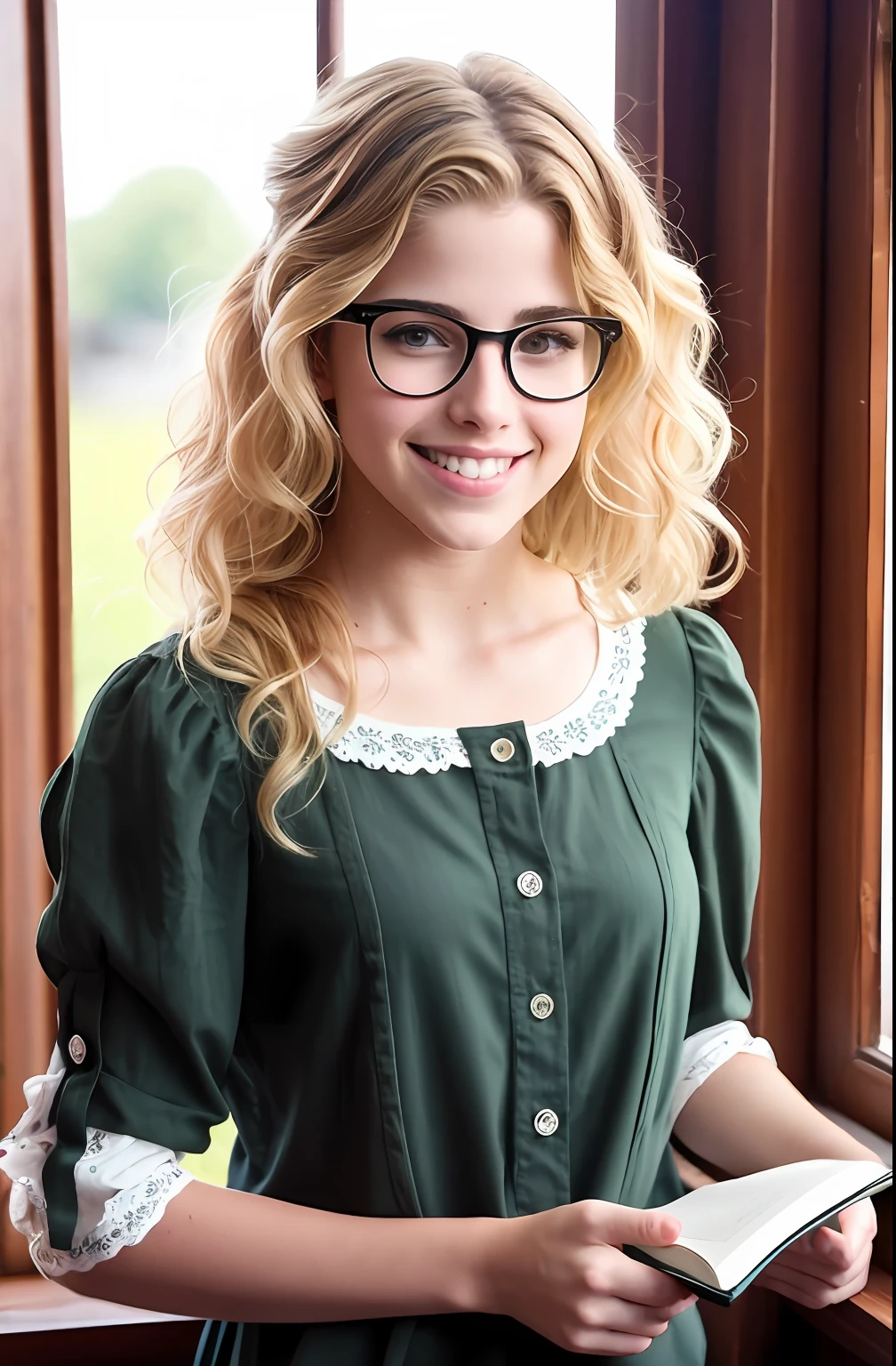 a pretty young girl Emily Bett Rickards with a button nose a barrette holding her messy wavy blonde hair ringlets frame her face a quiet study green plants on the windowsill rays of morning light she smiles softly under black oval glasses reading peacefully a white peasant blouse sleeves rolled up to her elbows a pencil in hand