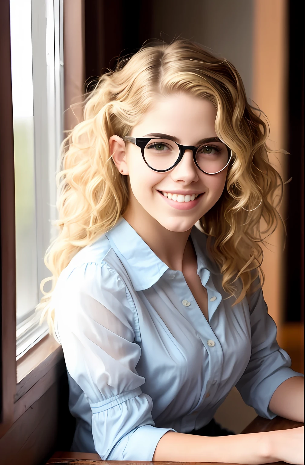 a pretty young girl Emily Bett Rickards with a button nose a barrette holding her messy wavy blonde hair ringlets frame her face a quiet study green plants on the windowsill rays of morning light she smiles softly under black oval glasses reading peacefully a white peasant blouse sleeves rolled up to her elbows a pencil in hand