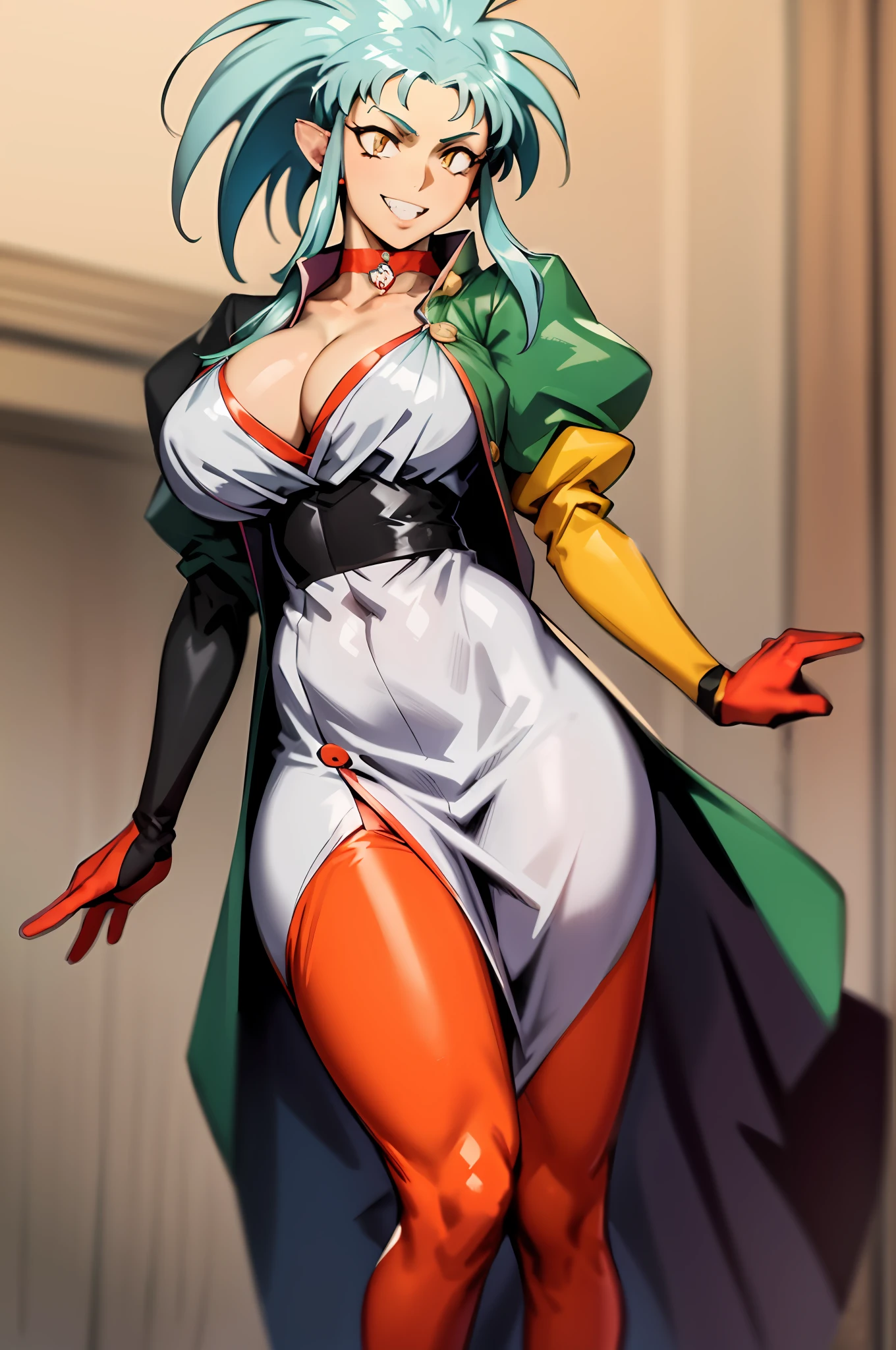 (masterpiece, best quality:1.1), ryouko_(tenchi_muyou!), 1girl, solo, big hair, blue hair, spiked hair, pointy ears, red earrings, puffy sleeves, pelvic curtain, yellow eyes, large breasts, jacket, long sleeves, choker, red gloves, sash, red pantyhose, retro artstyle,, huge breast, bimbo, smile, sharpteeth, victorian cloths,, long dress, butler, vest, coat,long skirt