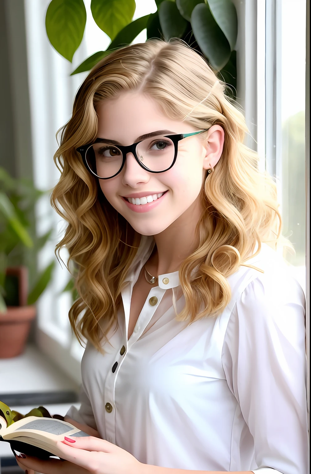a pretty young girl Emily Bett Rickards with a button nose a barrette holding her messy wavy blonde hair ringlets frame her face a quiet study green plants on the windowsill rays of morning light she smiles softly under black oval glasses reading peacefully a white peasant blouse sleeves rolled up to her elbows a pencil in hand
