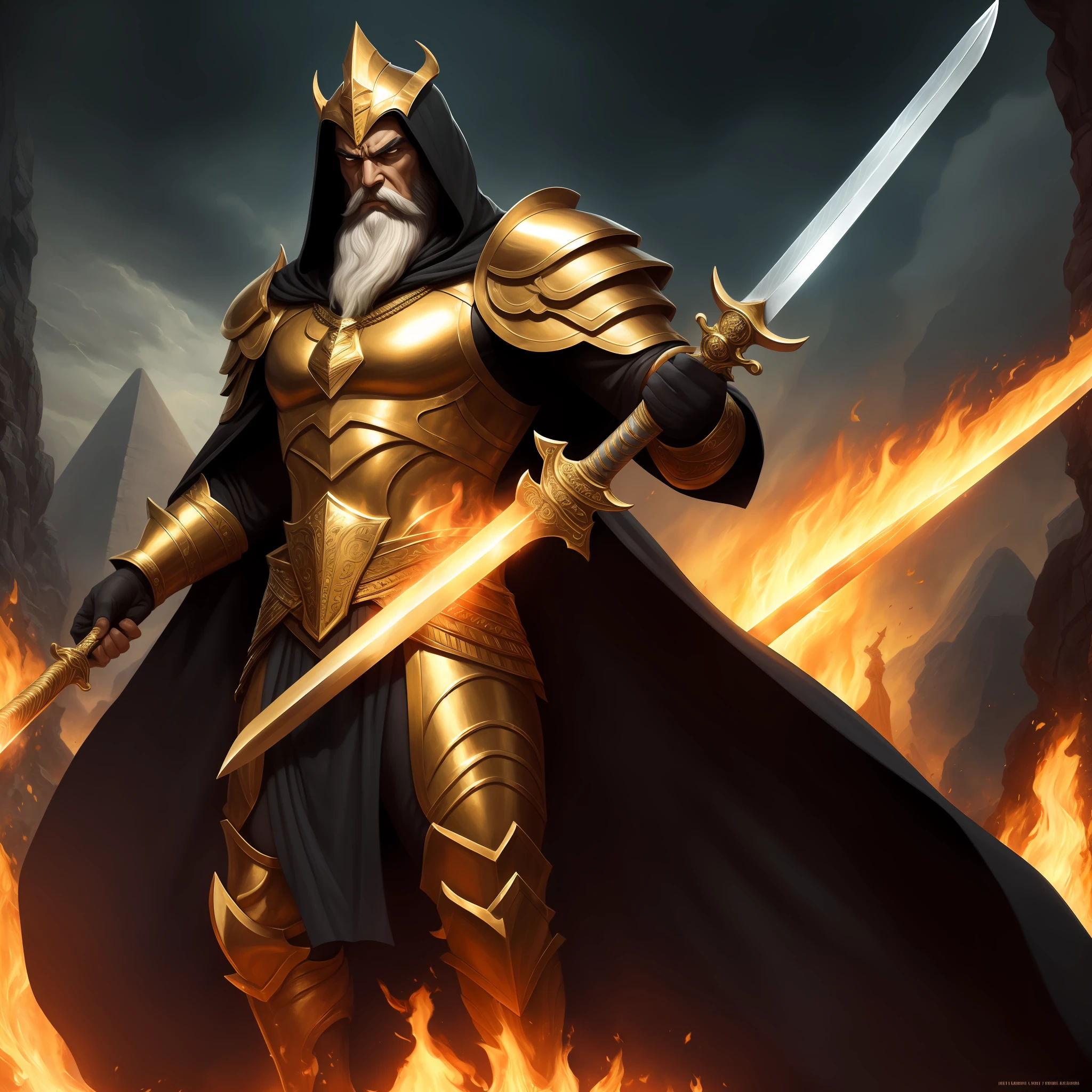 (High Quality), Photorealistic, (Oil Painting), Jewels, (Solo), (Dynamic Pose), Right, (Hell Gate), Fire, Hellscape, (Underworld), (Dark Landscape), Man With long beard like Persians of Egypt, King of Egypt, God, angry, muscular, (holding golden sword), dynamic pose, cinematic, dramatic camera angle, gold armor: 0.25, black and gold cloak, (good anatomy), (proportions Good), award-winning, masterpiece, axis --auto