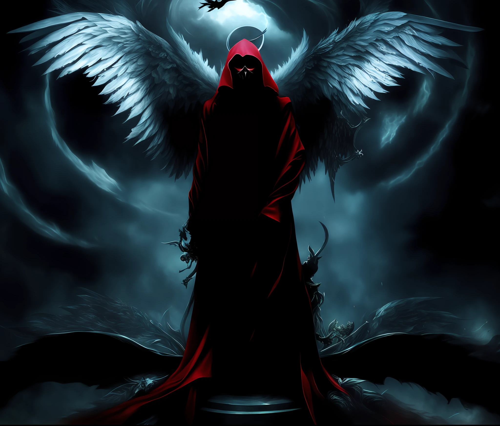 arafed image of a person with a red hood and wings, the angel of death, the angel of death, reaper of night!!!!, dark angel, angel watching demon, the angel of death with a halo, fantasy dark art, god of death, beautiful male god of death, human need death angel, angels and demons, Fallen angel, dark fantasy art