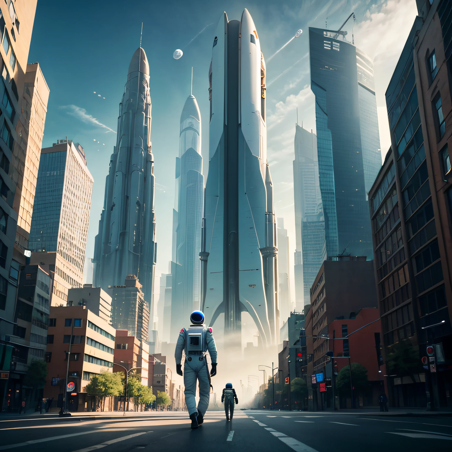 astronaut walking in the middle of a street inside a tall metropolis futuristic, in background a several building and more spacecars in the sky --auto