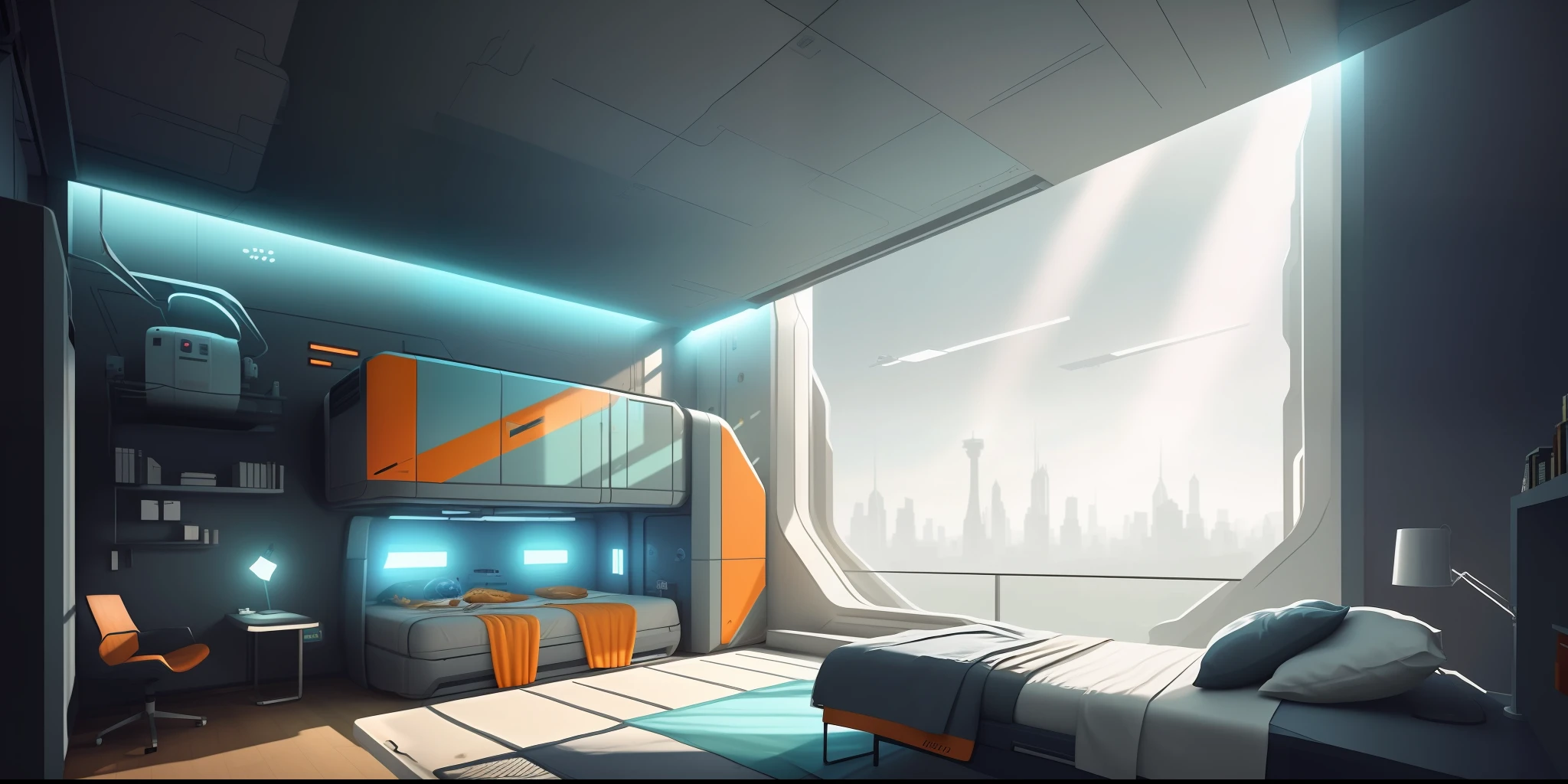 a close up of a bedroom with a bed and a desk, Futuristic room, Futuristic setting, sala scifi, futuristic environment, apartamento futurista retro, arte conceitual futurista, sci fi setting, SCI - Ambiente FI, Sci - Fi Interior, design conceitual futurista, surreal sci fi set design, base futurista, Futuristic. Jogo CG, sci - fi aesthetics