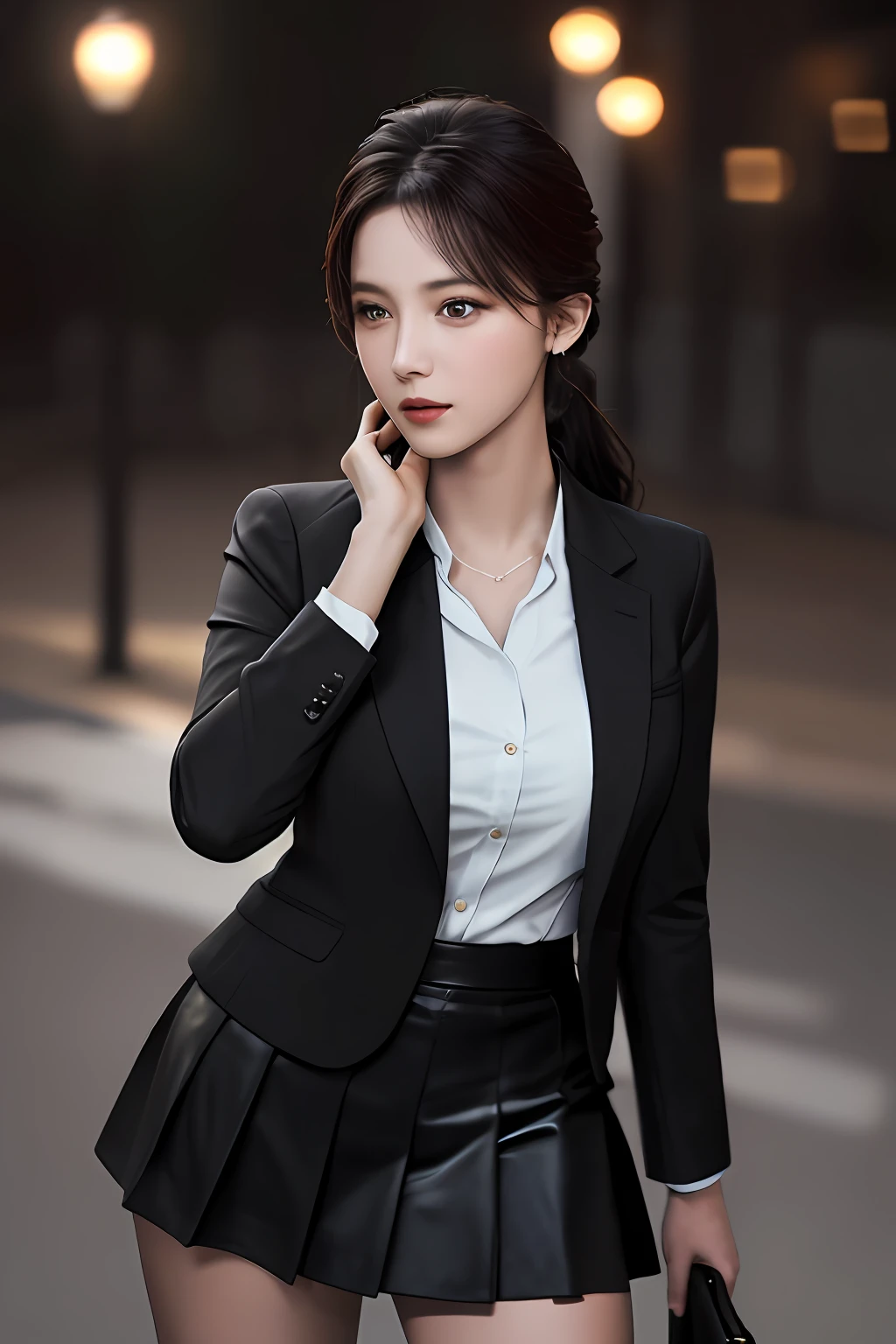 best quality, masterpiece, 1girl, Beautiful face, (photo realistic:1.3), rim lighting, (high detailed skin:1.2), 8k uhd, dslr, high quality, high resolution, 4k, 8k, Bokeh, absurdres, best ratio four finger and one thumb, (realistic:1.3), cute 1girl, wearing black formal blazer, medium breasts, short skirt,
