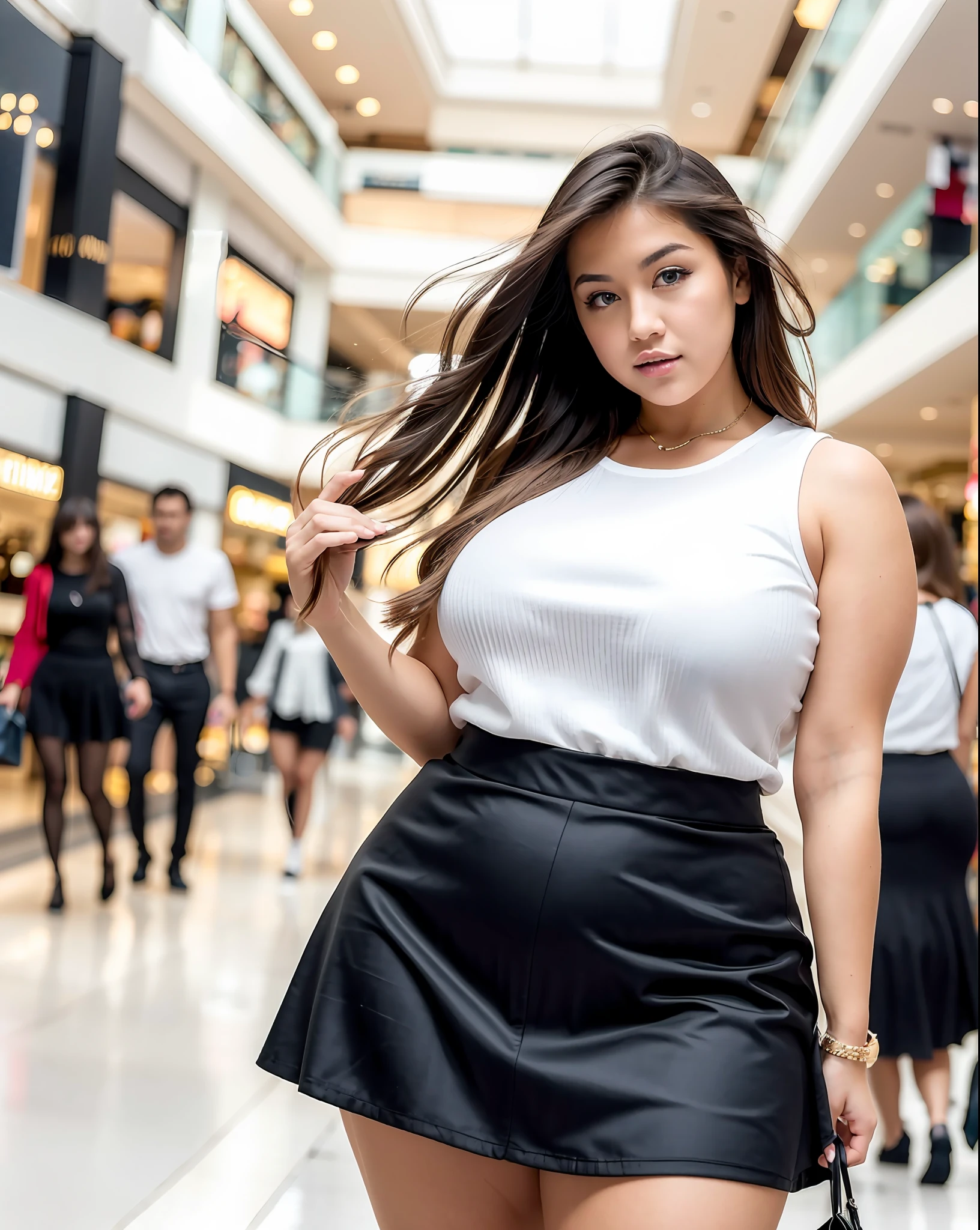 (Thicc Venenzualen) model posing in a mall clothing store, best quality, 1girl, blur background, bokeh, (mall:1.4), ((wearing micro skirt)), gorgeous, shy, , beautiful detailed sky, (dynamic pose:1), soft lighting, wind, (()),