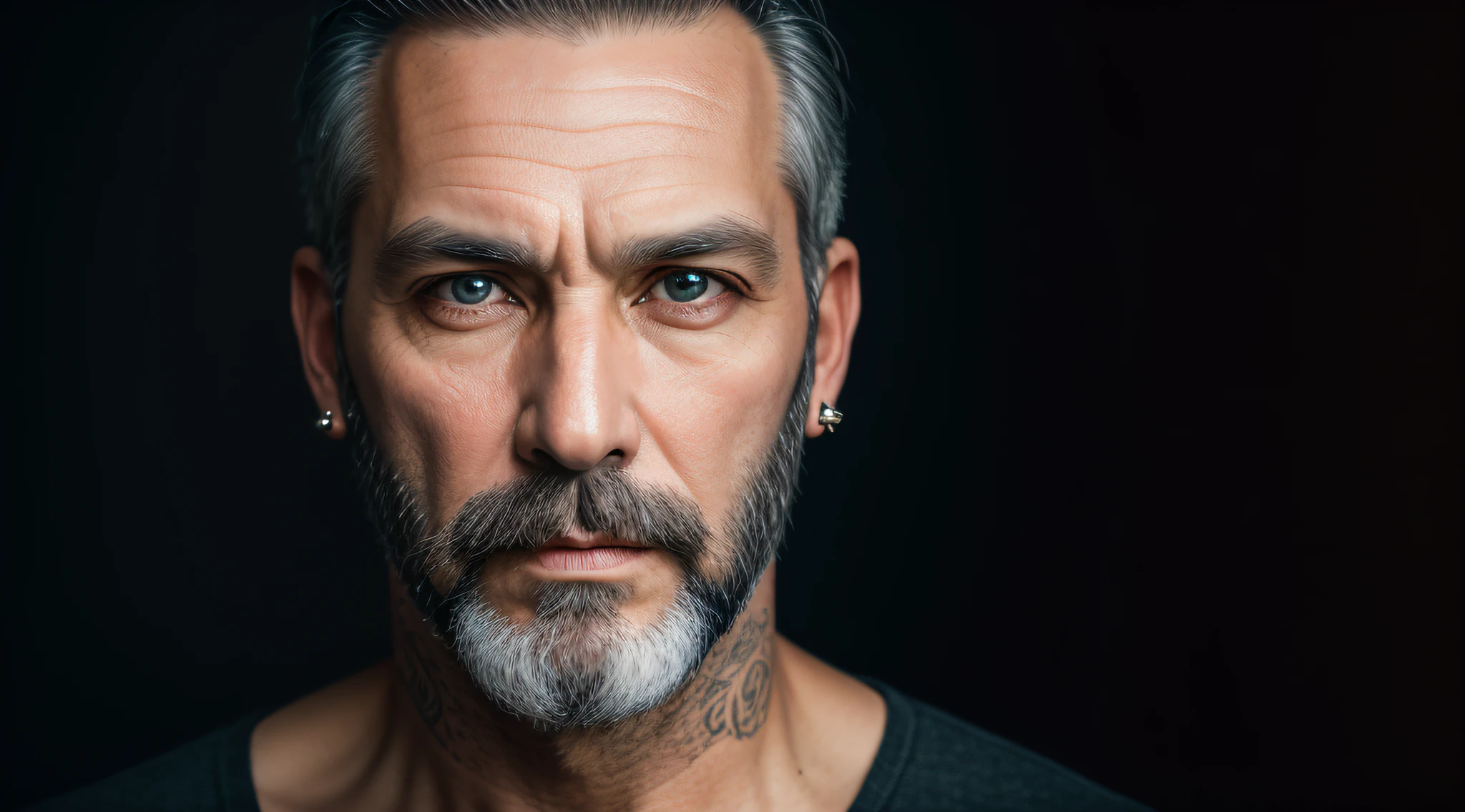 A portrait of a middle-aged, bearded man with piercing eyes, detailed face, tall details, photography, dark studio, rim light, Nikon D850, 50mm, f/1.4