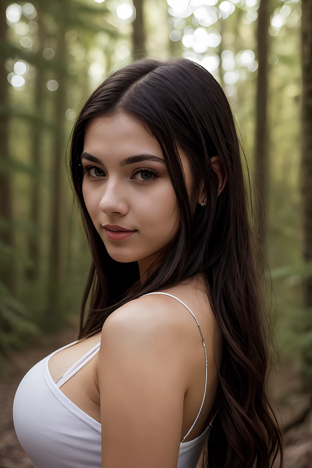 RAW photo, a portrait photo of 22 y.o woman, casual clothes, standing in the forest, natural skin, 8k uhd, high quality. She is sexy and beautiful. full body portrait photo