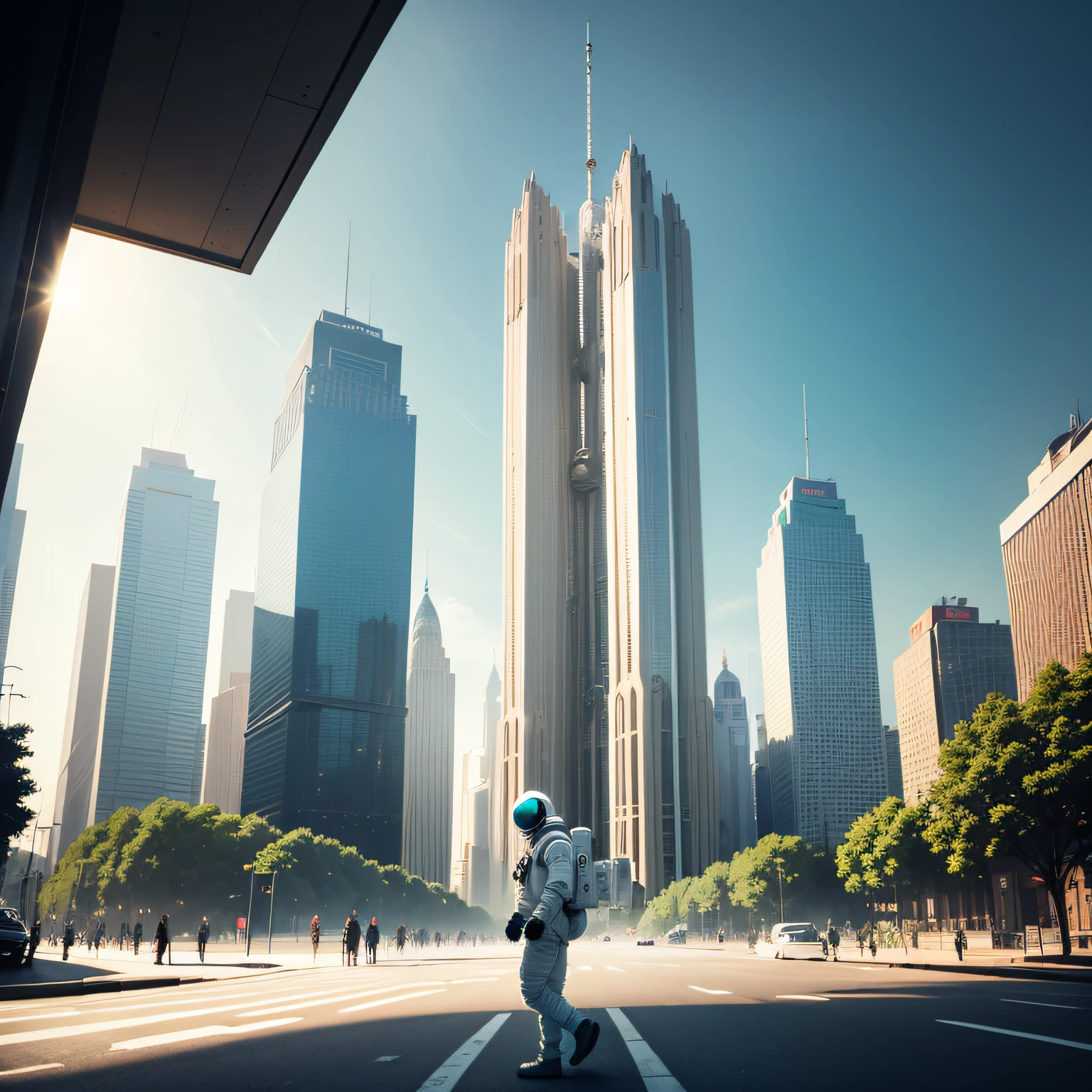astronaut walking in the middle of a street inside a tall metropolis futuristic, in background of the metropolis building and more spacecars in the sky, a brilint day, sunny, and more people in the strees Ghibli-like colours --auto