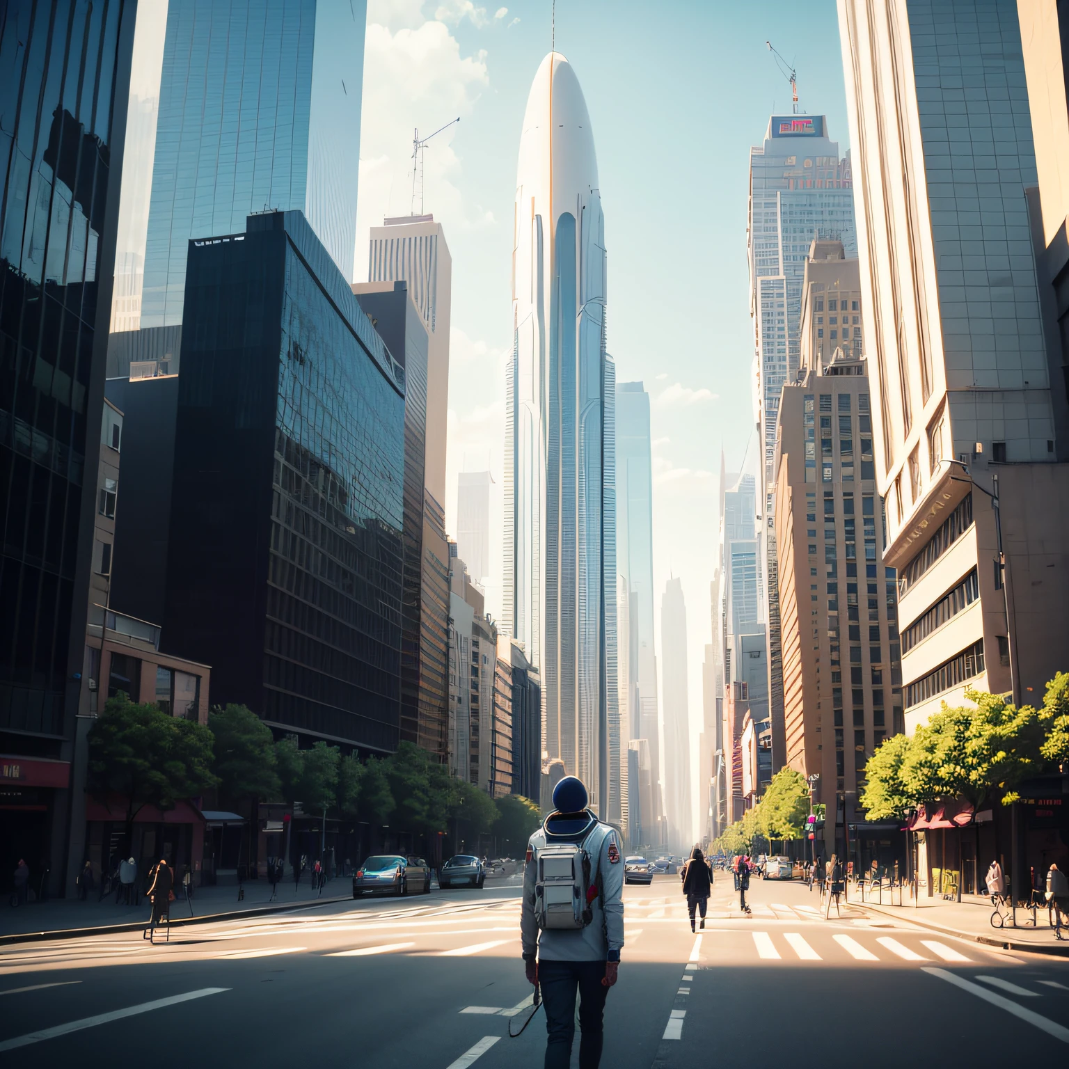 astronaut walking in the middle of a street inside a tall metropolis futuristic, in background of the metropolis building and more spacecars in the sky, a brilint day, sunny, and more people in the strees Ghibli-like colours --auto