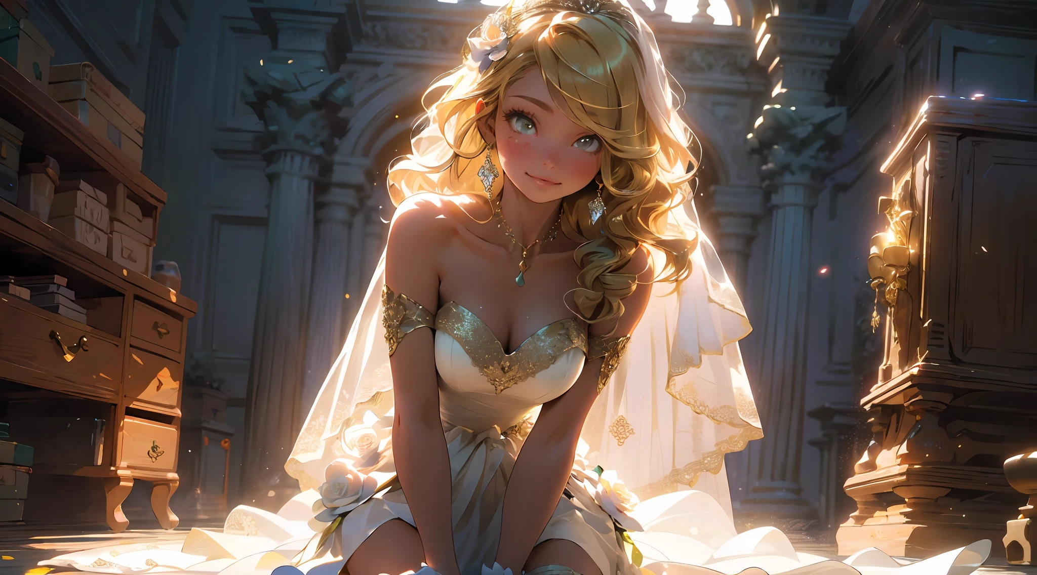 ((Best quality)), ((masterpiece)), (detailed: 1.4), (Absurdres), 1girl, dramatic, cinematic lighting, sharp shadows, muted colors, mint green pastel outfit,Ray Tracing, soft smile, yellow feline eyes, gold hair golden and shiny with beautiful waves, wearing elegant modern bridal dress with lace, cowboy shot, up to knees, thigh high