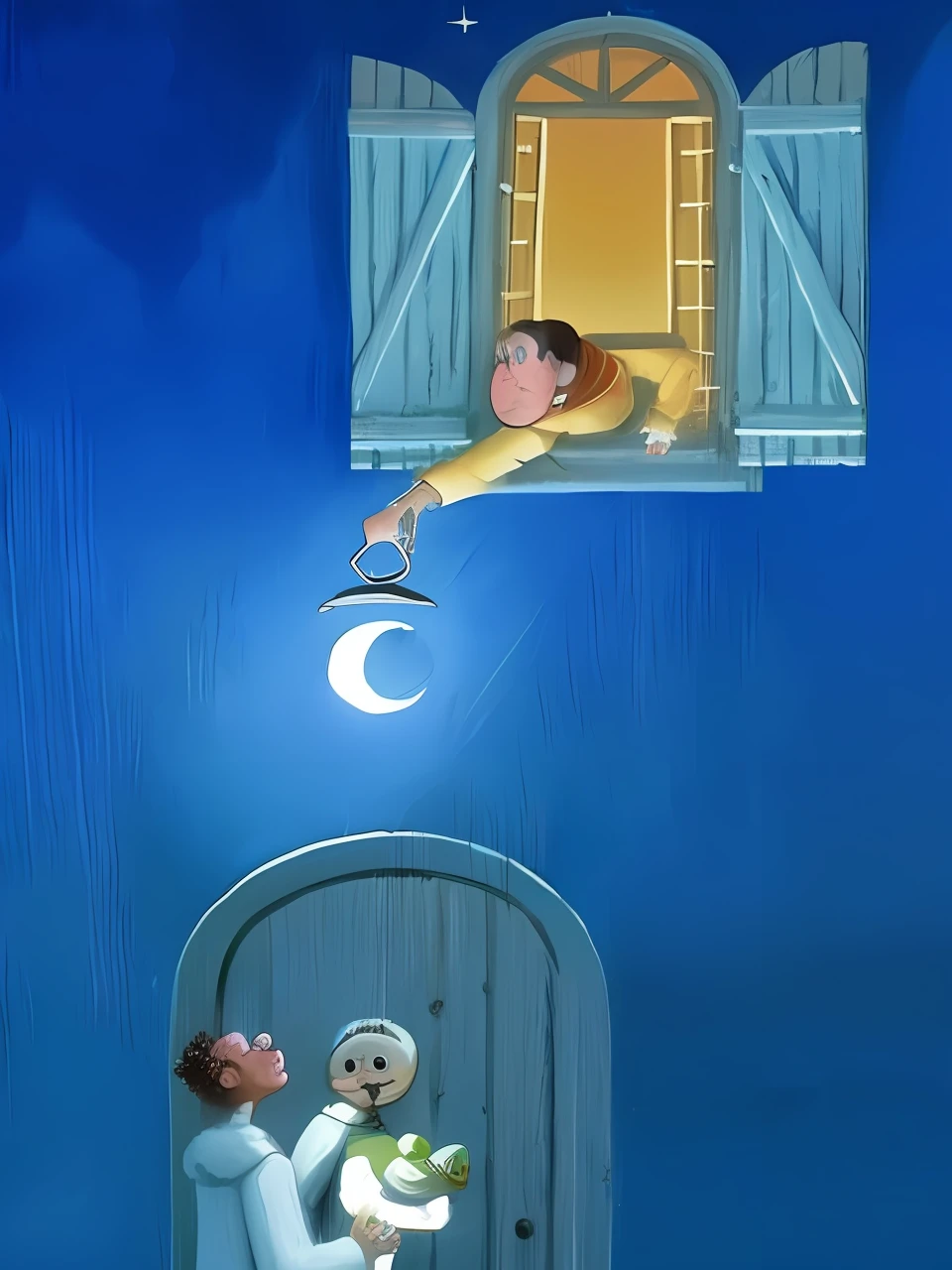 pintura de uma mulher e um homem em uma porta com uma lua acima deles, inspirado em Charles Addams, Olhando para a lua, ilustrador olho de peixe luz da lua, Directed by: Fred Ludekens, magic realism painting, the moon cast on the man, gary larson, inspirado em Raymond Briggs, inspirado em Rob Gonsalves, Chris Van Allsburg, magic realism painting, Micheal Whelan