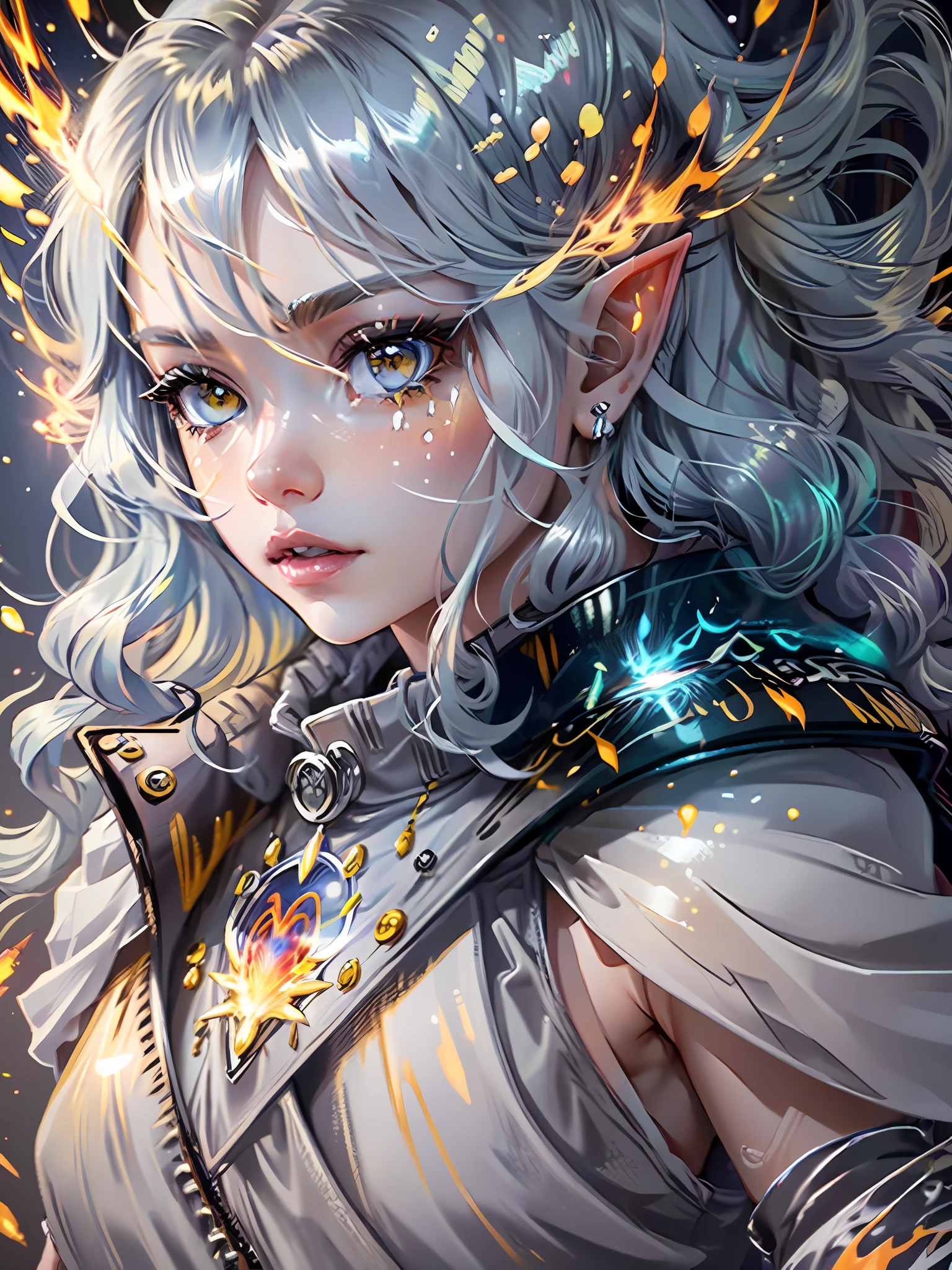 Digital Ilustration, Anime style, Woman, ((elf)), iridescent eyes, star eyes, starry sky, (magic circle), shimmer hair, glowing hair, (iridescent grey hair),,(white outfit, red outfit accents, assasin-style outfit, military coat, pants, boots),(glowing yellow eyes:1.2),elemental mage engulfed in blue flames and yellow lightning, chromatic chaos, gold and ice tones, depth of field, beautiful, highly detailed, hyperrealistic, cinematic lighting, clear, space background, cinematic lighting soft, (backlight: 1.2), (flowering: 1.2), (bright light: 1.1), (chromatic aberration: 1.2), sharp focus, high contrast ,masterpiece, photorealistic, (portrait, face focus:1.3)