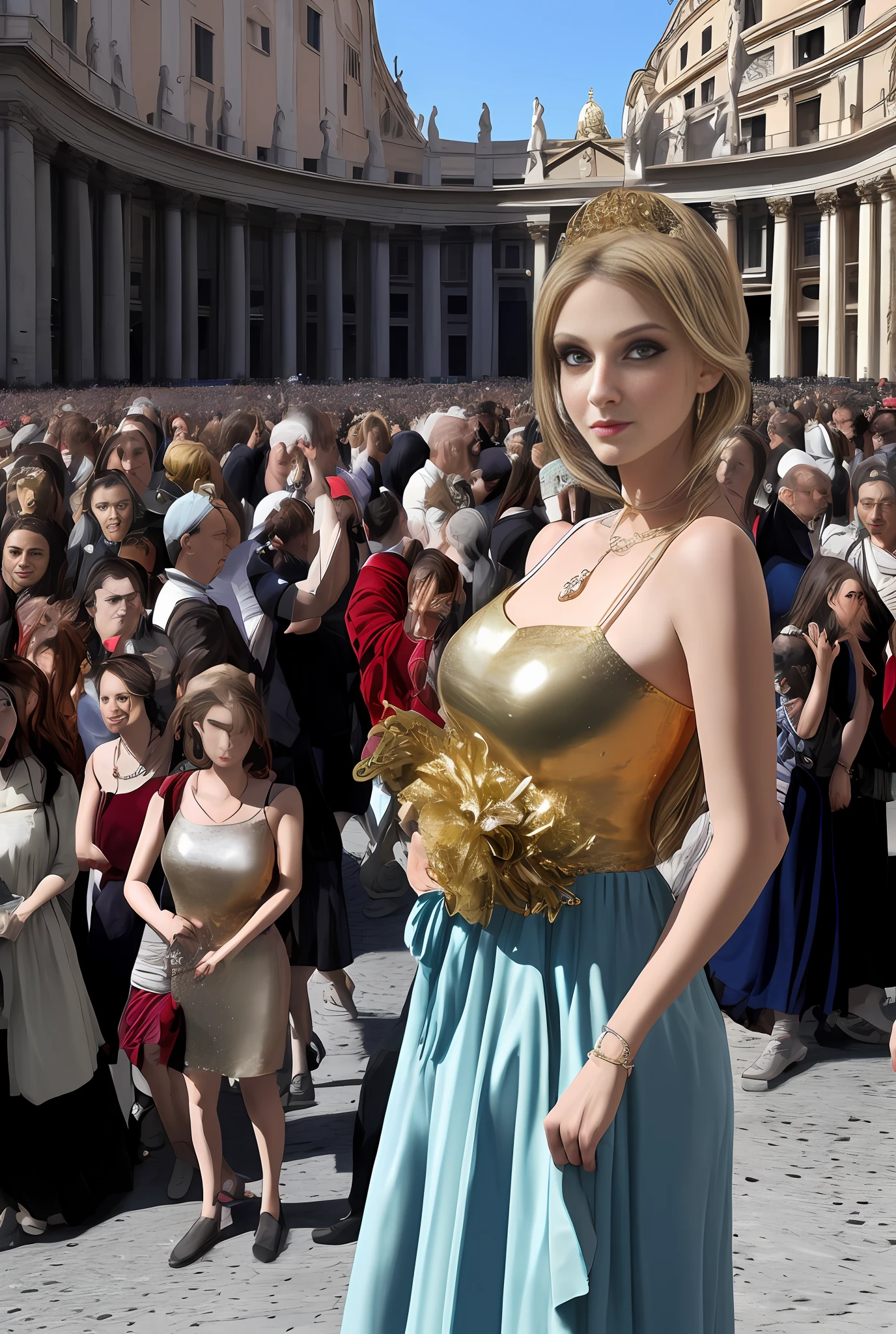 (巨作, Best quality, Realistic),
1girl huge large breasts,(on the St. Peter's Square of Vatican,crowd of),gypsy dress,(Princess Eyes,shiny pupils),Dancing,  Gold, banquet, crowd of, picking up skirt,Pale skin,
[Slight smile],