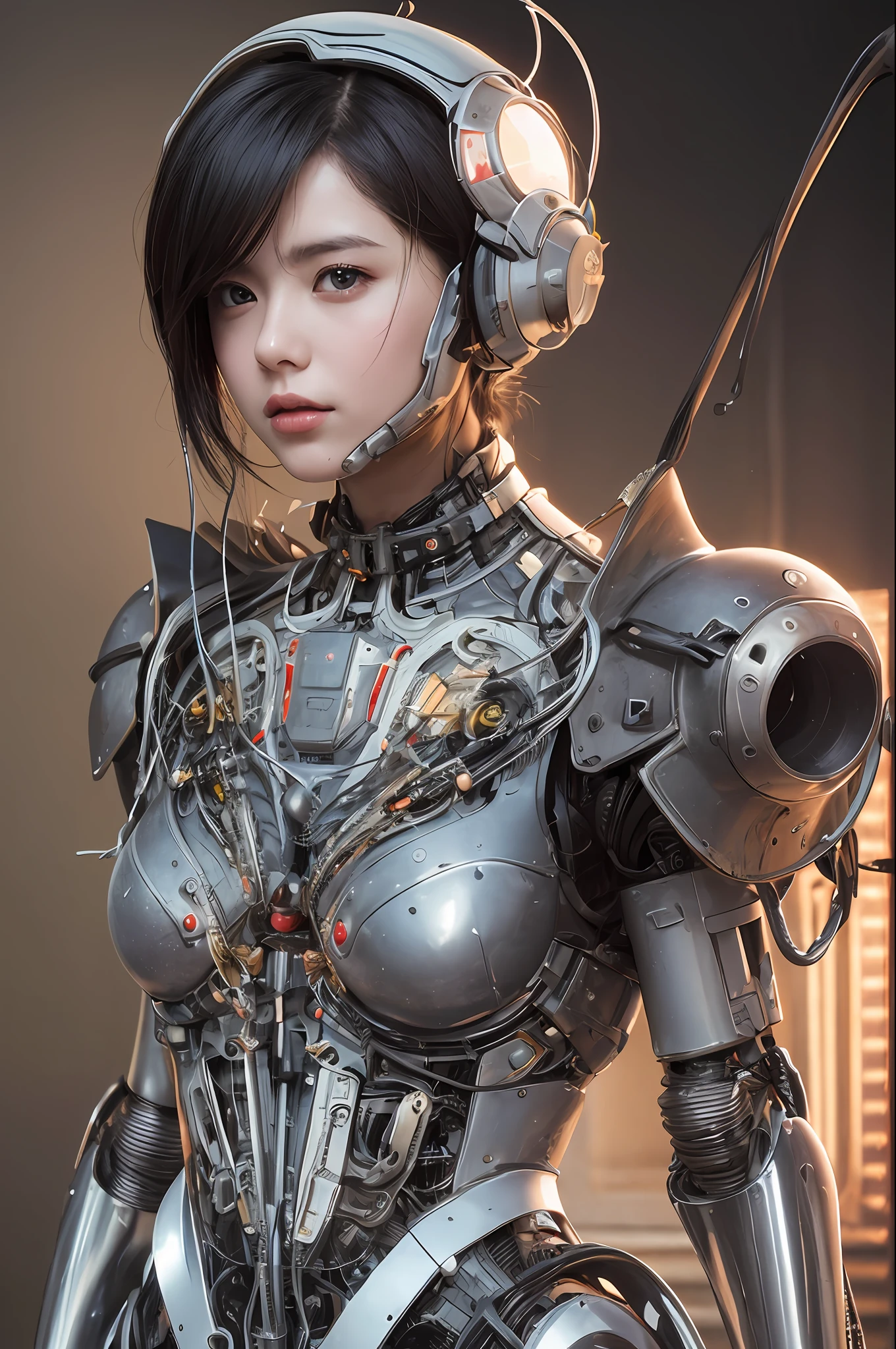 Top Quality, Masterpiece, Ultra High Resolution, (Photorealistic: 1.4), Raw Photo, 1 cyberpunk Girl, Black Hair, Glossy Skin, 1 Mechanical Girl, depth of field focus f/2.8, (Ultra Realistic Detail)), Full body, standing pose, Contrast, Shadows, Octane Rendering, 8K, Ultra Sharp, Cleavage Exposed, Raw Skin, Metal, Intricate Ornament Details, Japan Details, Very intricate details, realistic light, CGSoation trend, facing the camera, neon details, mechanical limbs, blood vessels connected to the tube, mechanical vertebrae attached to the back, mechanical cervical attachment to the neck, wires and cables connecting to the head, gundam, small LED lamps.