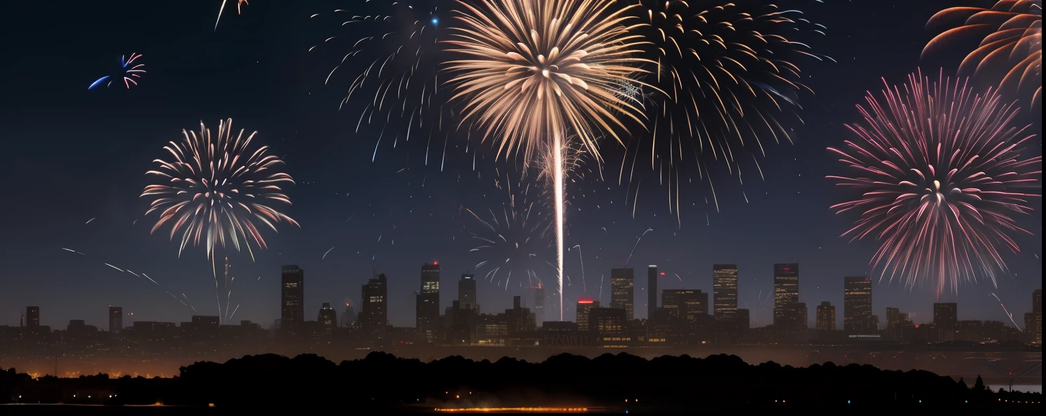 City at night with dozens of glowing cryptocurrency coins flying around the sky as fireworks go off in background, a cryptocurrency fireworks celebration
