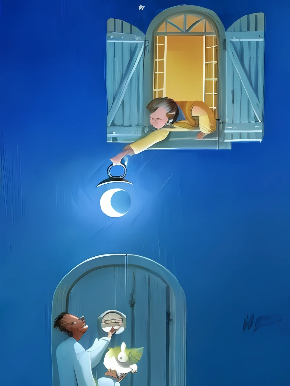 pintura de uma mulher e um homem em uma porta com uma lua acima deles, inspirado em Charles Addams, Olhando para a lua, ilustrador olho de peixe luz da lua, Directed by: Fred Ludekens, magic realism painting, the moon cast on the man, gary larson, inspirado em Raymond Briggs, inspirado em Rob Gonsalves, Chris Van Allsburg, magic realism painting, Micheal Whelan